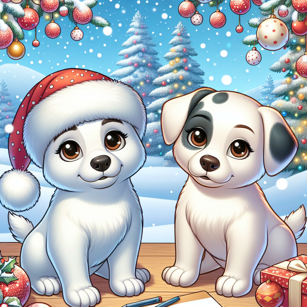 Set against a whimsical, cartoonish Christmas setting, with a flurry of snowflakes drifting down, are two friendly-looking dogs. Their breed isn't clear, but they're both of an average build and possess a striking white coat dappled with black spots. Their eyes shimmer in a rich shade of brown. The demeanor of one suggests an apology, perhaps for some holiday-themed mishap.
.
Made with ❤️ by AI.