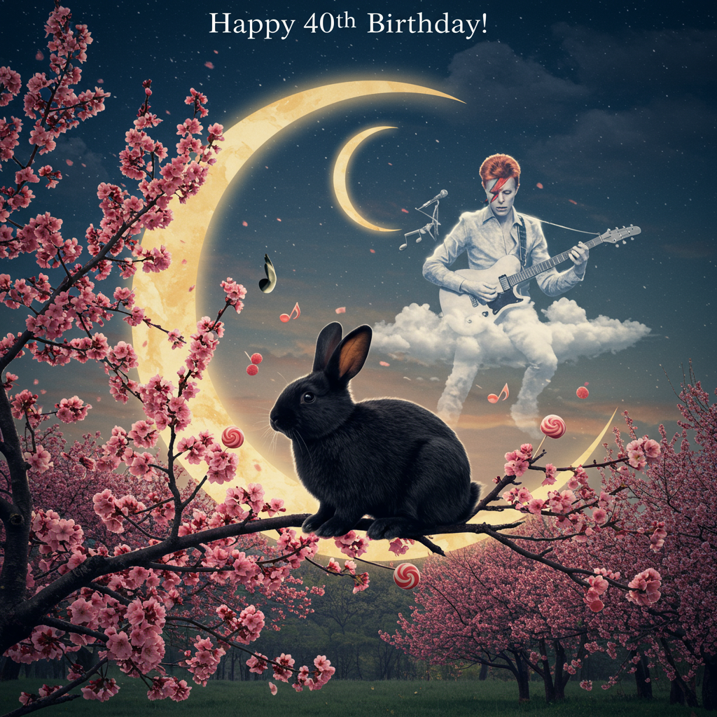 David Bowie, Black rabbit with white nose, Cherry tree, Gothic, Sweeties , and Birthday Card