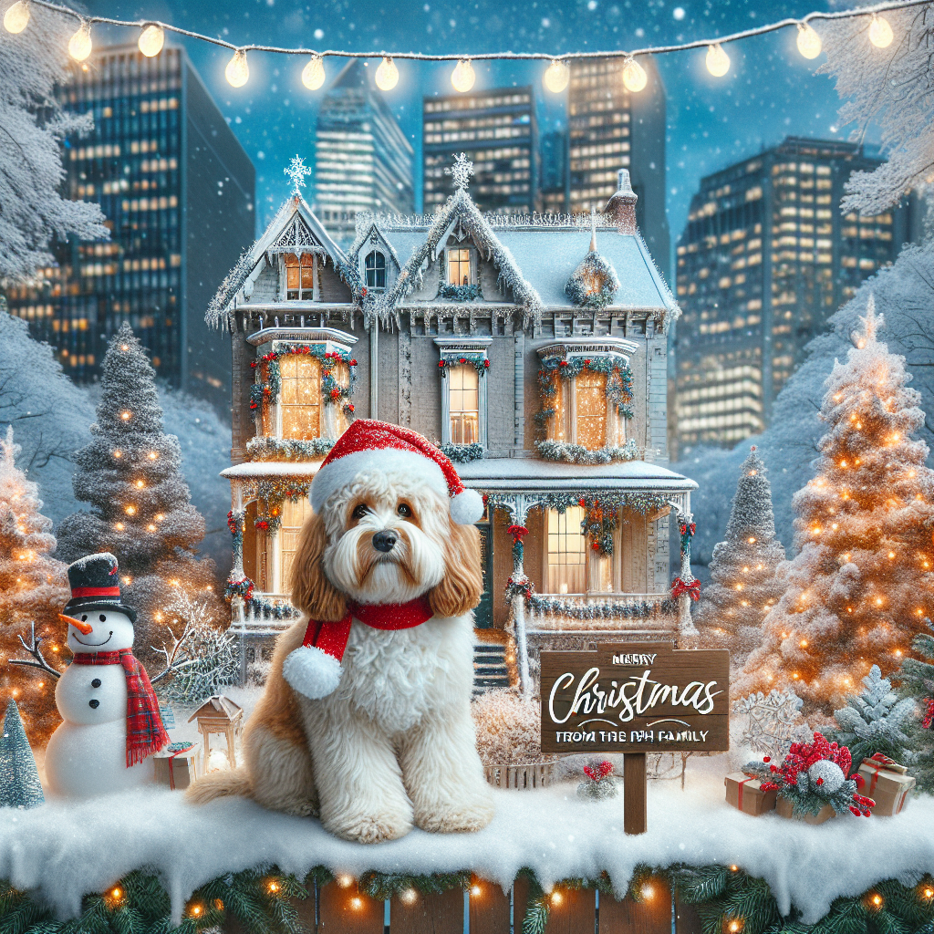 A whimsical Christmas illustration depicts a fluffy Cockapoo wearing a Santa hat, sitting in front of a snow-covered Victorian house adorned with festive lights and decorations, nestled in the heart of London. The garden is a winter wonderland with a snowman and twinkling lights in the trees, conveying a warm holiday spirit. 'Merry Christmas from the Fish Family' is elegantly scribed on a banner above the scene.
Generated with these themes: Cockapoo, Victorian house, London, Christmas, and Garden.
Made with ❤️ by AI.
