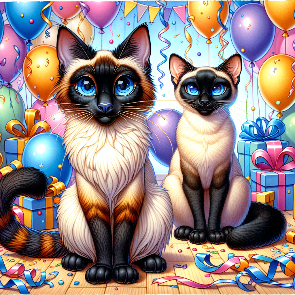 Imagine a whimsical, cartoon-style birthday celebration setting. At the center of the festivities, two adult Siamese cats capture the audience's attention. Their blue eyes sparkle with happiness. To the left, a tortoiseshell-coated Siamese cat stands, its fur a captivating blend of black, orange, and cream, offering a dramatic contrast to the vibrant balloons and fluttering streamers. To its right, there is another Siamese cat with a sleek seal point coat. Features like its ears, face, paws, and tail are accentuated with dark brown patches. This entire scene is set against a backdrop full of birthday cheer.
.
Made with ❤️ by AI.