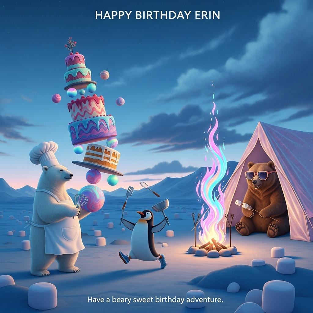 Polar bear, baking, running, camping , and Birthday Card