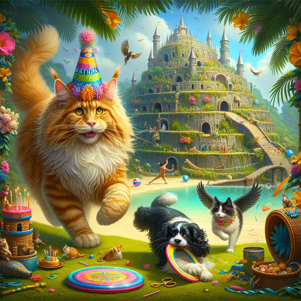 Invoke a fantastical birthday scene where a ginger Maine Coon cat and a cream Maine Coon cat are engrossed in a pursuit game around a bewitched fortress in a tropical paradise. Adjacent to them, a tranquil Ragdoll cat is lounging, adorned with a festive lei, as an energetic Black and White Spaniel weaves through the cats, gripping a frisbee in its jaws. The entire scenario is filled with a jovial, festive ambience, sprinkled with tropical floral adornments, vivid hues, and a glimpse of a bewitching and captivating allure that is reminiscent of a magical realm.
Generated with these themes: Ginger Maine Coon cat, Cream Maine Coon cat, Ragdoll cat cat, Black and white spaniel , Hawaii, and Disney .
Made with ❤️ by AI.