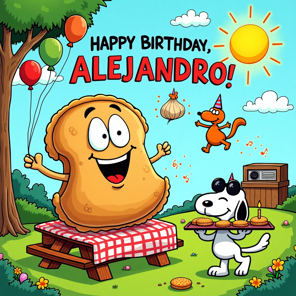 In a vibrant cartoon world reminiscent of a lively comic strip, Alejandro’s birthday card cover bursts with whimsical charm and humor. At the center of the scene, a giant, cartoonish empanada towers over a colorful picnic table, its crust a golden brown with a playful, exaggerated expression, complete with oversized googly eyes and a cheeky grin. Around this playful pastry, animated, anthropomorphic ingredients dance in celebration. A jaunty tomato sports a party hat while twirling alongside a dancing onion with confetti swirling around. 

In the foreground, an endearing dog, resembling a mix between Snoopy and Tintin's Snowy, eagerly wags its tail, balancing a tray on its back filled with miniature empanadas topped with candles. Hovering above the empanada, a string of cheerful, hand-drawn balloons spell out "Happy Birthday, Alejandro!" in bold, comic-style lettering, their bright colors contrasting against a clear, azure sky.

In the background, a classic Bill Watterson-inspired tree sways gently, its leaves dotted with hidden, mischievous squirrels tossing crumbs to a chorus line of animated, dancing empanadas below. A small, vintage radio rests on the picnic table, reminiscent of retro Disney cartoons, playing lively music notes that float through the air. On the horizon, a friendly sun, inspired by McCay’s Little Nemo, dons a pair of oversized sunglasses, casting warm, inviting rays over the joyful scene. Each element, from the dynamic clouds shaped like empanadas to the colorful wildflowers dotting the grass, works together to create a delightful, humorous birthday celebration tailored just for Alejandro.
Generated with these themes: Empanadas.
Made with ❤️ by AI.