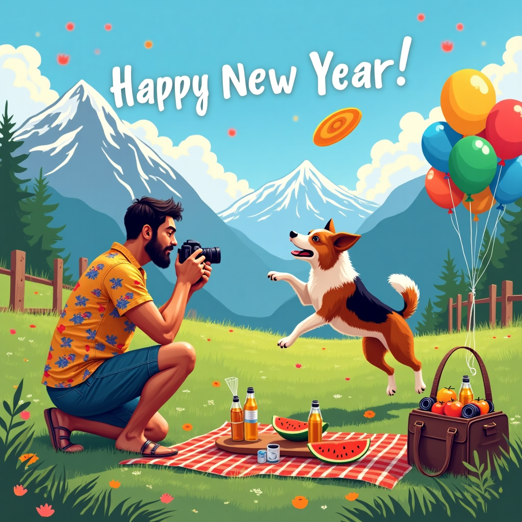 The scene captures a vibrant New Year's celebration in a picturesque summer mountain setting. In the foreground, a dark-haired man with no beard, clad in a bright, tropical shirt and cargo shorts, is kneeling on a lush, green meadow dotted with colorful wildflowers. He is enthusiastically taking photos with an old-school film camera, aiming the lens at a lively tri-color dog. The dog, a joyful mix of golden brown, white, and black fur, is leaping through the air to catch a frisbee, its expression one of pure excitement and energy.

In the background, towering mountains with snow-capped peaks under a clear blue sky frame the scene, their grandeur adding a touch of majesty. Scattered fluffy clouds drift by, and if you look closely, they magically spell out "Happy New Year, Brian!" in a playful script. Nearby, a small picnic setup is visible with a plaid blanket, a basket spilling over with summer fruits like watermelons and oranges, and a couple of sparkling apple ciders catching the sunlight.

A group of colorful balloons, tied to a nearby wooden fence, flutter gently in the breeze, their strings dancing merrily in sync with the natural rhythms of the day. A camera bag is propped open next to the fence, its contents spilling out—additional lenses, film rolls, and a small tripod. This cheerful and dynamic New Year's greeting card cover perfectly blends the themes of adventure, joy, and celebration, with "Brian" delightfully featured in the heavens above.
Generated with these themes: Tri colour Dog, Photography, Summer Mountains, Happy New year!, and Dark Haired Man (no beard) taking photos of the Dog.
Made with ❤️ by AI.