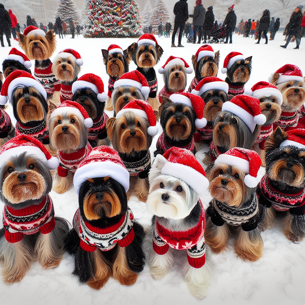 In the heart of a snowy landscape, a group of adult Yorkshire Terrier dogs dons red Santa hats, their slender bodies wrapped in cozy Christmas-themed sweaters. Their black, white, and tan coats glisten against the winter backdrop, complementing the festive decorations that surround them.
.
Made with ❤️ by AI.