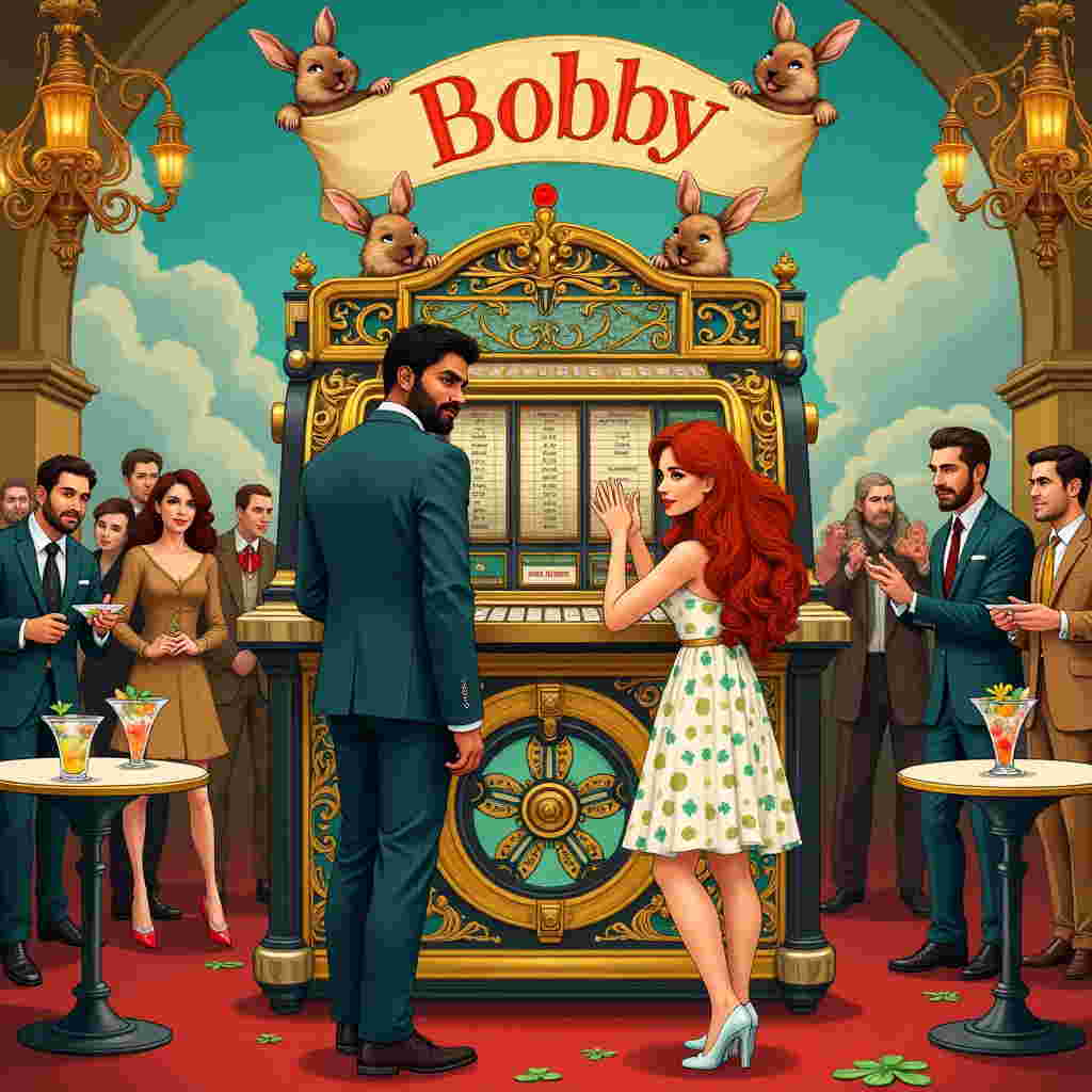 In a vibrant, whimsically chaotic casino scene, a Brown Pakistani guy and a White girl with striking blue eyes and flowing red hair stand side by side at a vintage slot machine. The machine itself is a delightful blend of color and charm, resembling an ornate contraption from a bygone era. The dials and levers are embellished with Art Nouveau-inspired swirls, reminiscent of Aubrey Beardsley's intricate designs. Around the machine, Maurice Sendak-like creatures, quirky yet endearing, peek curiously from the top, adding a playful, fantastical element to the scene.

The Pakistani man, dressed in a smart, tailored suit with a subtle paisley pattern, is animatedly pulling the lever, his eyes wide with anticipation. Beside him, the girl in a whimsical dress patterned with tiny clovers and hearts, her hair cascading like an Arthur Rackham illustration, claps her hands in glee as they await their fortune. Above them, in the style of Maxfield Parrish's dreamy skies, a soft blue sky with swirling clouds is punctuated by a large, bold banner that unfurls with a flourish. The banner, carried by Beatrix Potter-style mischievous rabbits, spells out "Bobby" in playful, golden lettering that glimmers like the jackpot they're hoping for.

Surrounding them are fellow casino-goers illustrated in Quentin Blake's lively strokes, each with a distinct character, lost in their games of chance. N.C. Wyeth-inspired fantastical murals adorn the walls, depicting daring escapades and hidden treasures, while Edward Gorey-style chandeliers cast a soft, inviting glow. A small table nearby is laden with cocktail glasses, each bearing a unique, fanciful garnish, tying together this enchanting, storytelling scene, crafted to delight and amuse.
Generated with these themes: Brown pakistani Guy, and White girl blue eyes red hair playing casino slots.
Made with ❤️ by AI.