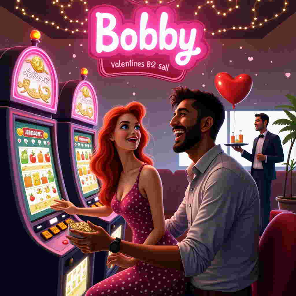 In a whimsical casino setting reminiscent of a Norman Rockwell painting, imagine a quirky scene at the slot machines. A charming brown Pakistani guy with a neat beard and a vibrant smile is seated next to a spirited white girl with dazzling blue eyes and fiery red hair that cascades down her shoulders. Both are eagerly playing the slot machines. The slot machine screens are brightly lit with animated fruits and bells spinning wildly. The girl, in a polka dot dress, has a playful expression of excitement, her hand poised to pull the lever again. Meanwhile, the guy, wearing a classic button-down shirt with rolled-up sleeves, is laughing and holding a bucket of golden tokens. Above them, in the casino's atmospheric ceiling lights, letters spell out "Bobby" in glowing neon pink, cleverly integrated into the faux constellation designs that dot the ceiling. In the background, a large banner hangs above the entrance, reading "Jackpot Valentine's Bash," with hearts and cupids sketched in an Aubrey Beardsley-esque intricate design. Nearby, a waiter dressed in a tuxedo carries a tray of sparkling drinks, and a giant plush heart-shaped balloon bobs gently next to a potted palm. The overall composition, bursting with color and playful details, captures the lively spirit of this unique valentine's adventure.
Generated with these themes: Brown pakistani Guy, and White girl blue eyes red hair playing casino slots.
Made with ❤️ by AI.