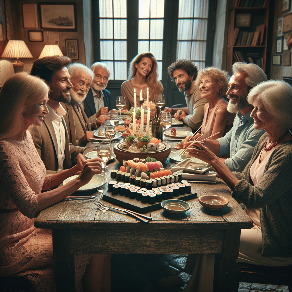 A Caucasian couple marks their anniversary in a homely Italian bistro. Surrounded by family members of diverse descent, they sit around a weathered wooden table laden with intricately arranged sushi plates. The setting is charming like an old Italian postcard, with an atmosphere amplified by gentle tunes from popular musicals. Amid joyful chatter and shared laughs, they relish a plenteous dinner. After dining, the people retire to the living room, where they continue to develop their relationship over watching a selection of different, non-specific television series together.
Generated with these themes: Italy, Sushi, Family, Watching TV, and Musicals.
Made with ❤️ by AI.