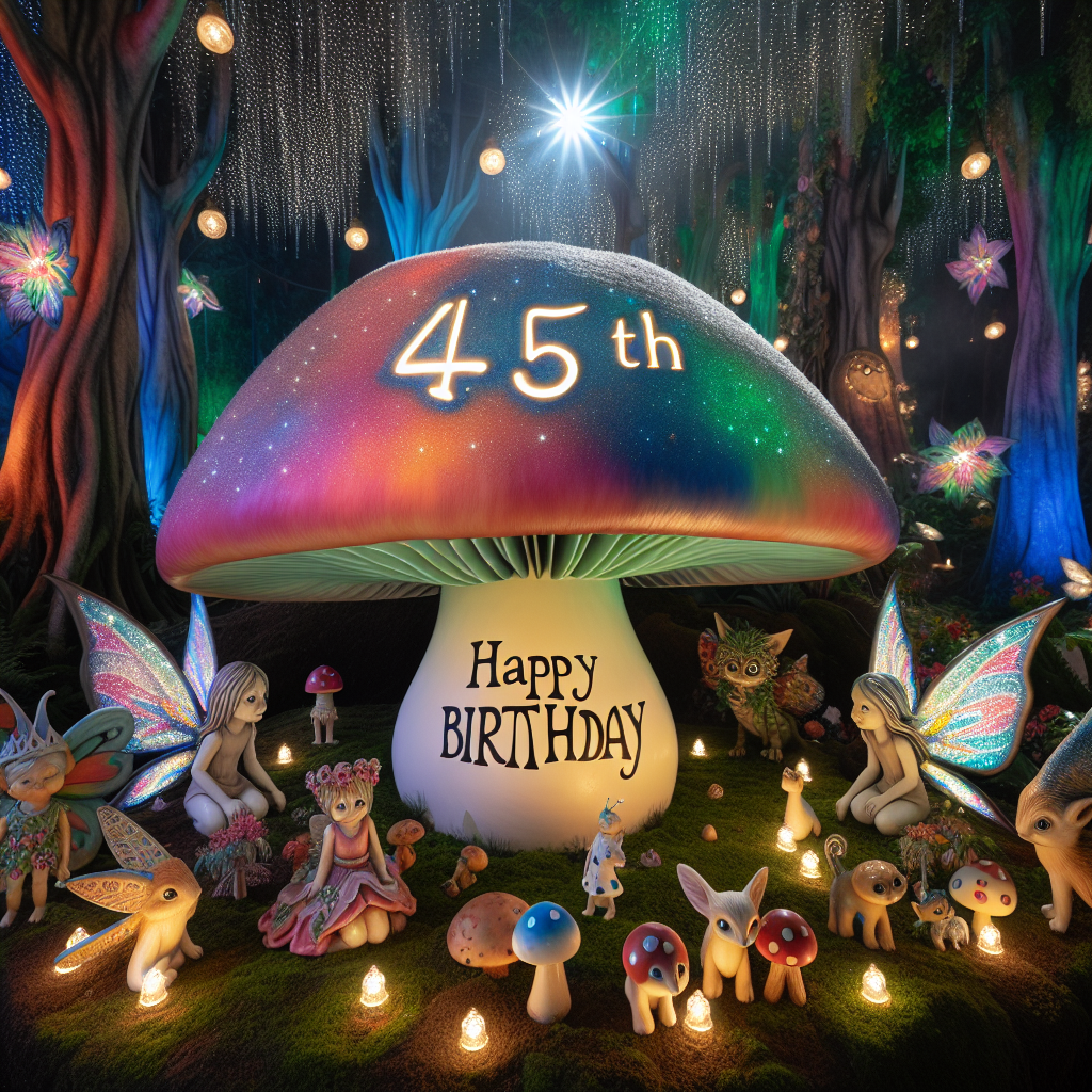 A playful scene set in a magic forest with fairy-like creatures and tiny critters all gathering around a giant, colorful mushroom decorated with the number '45th.' Sparkling lights and soft glows illuminate the text 'Happy Birthday' etched into the mushroom cap.
Generated with these themes: 45th  .
Made with ❤️ by AI.