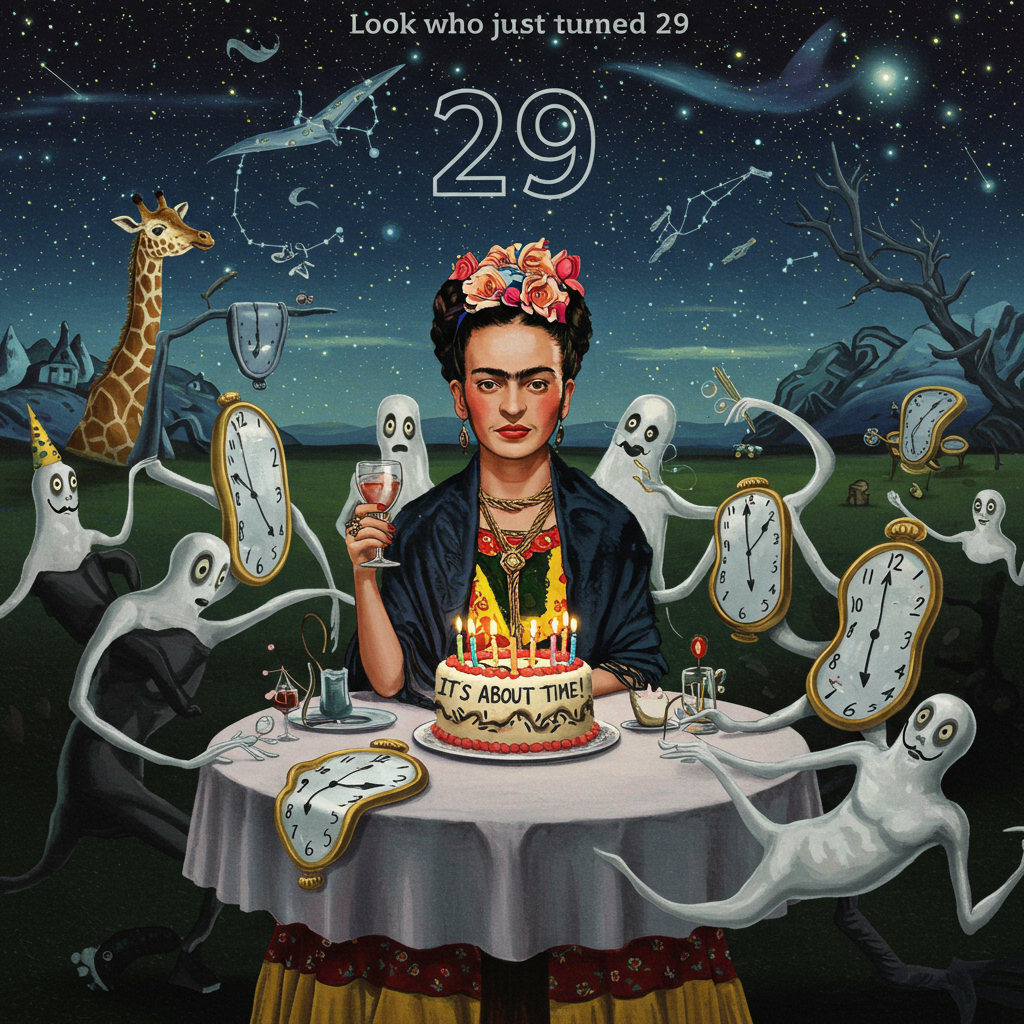 At the top of the Surreal Style image, include the text: "Look who just turned 29".

---

In a mystical, dreamlike setting, create an image where a lively seance unfolds, featuring Frida Kahlo, who is artfully painted with an exaggerated unibrow and vibrant flowers woven into her hair. She sits at a round table, surrounded by an assembly of ethereal spirits who resemble melting clocks and abstract shapes, reminiscent of a Dali masterpiece. Each spirit floats weightlessly, forming an aura of mysterious energy.

In the background, a starry night sky stretches across the canvas, where twinkling constellations morph into peculiar forms – think giraffes on roller skates or fish with wings. In the midst of this surreal spectacle, Frida, with a cheeky grin, raises a glass in celebration. On the table, an ornate cake shaped like a distorted clock commemorates the milestone with the cheeky phrase "It's About Time!"

The image blends elements of whimsy and bold colors, capturing a magical and surreal essence perfect for a memorable, if slightly rude, birthday greeting.
Generated with these themes: Seance with freida kahlo and stars in the background, and .
Made with ❤️ by AI.