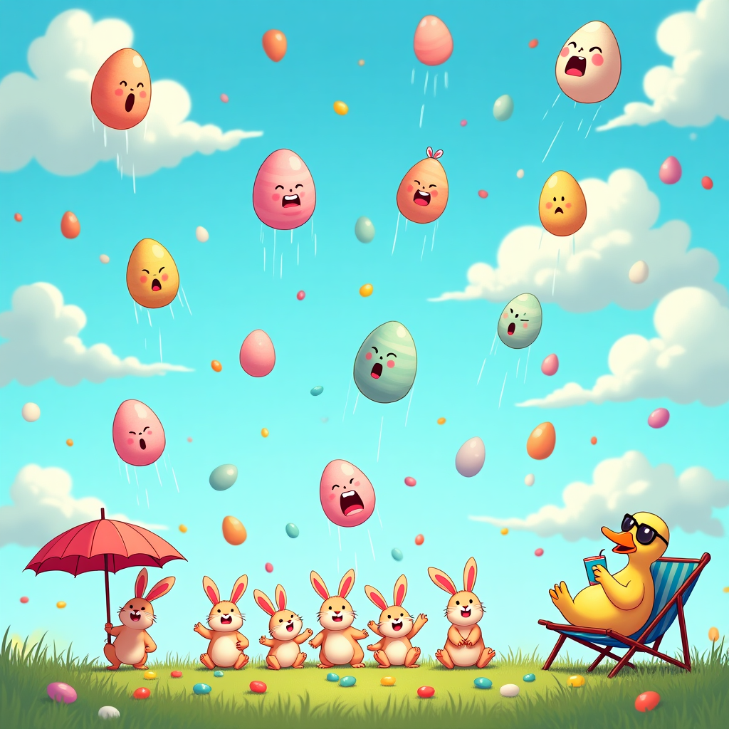 **Prompt:**  
A whimsical illustration of a bright blue sky filled with big, fluffy cartoon-style clouds, as multicolored Easter eggs rain down like confetti. Each egg has a different quirky expression—some look surprised, others delighted, a few terrified as they tumble from the sky. On the ground below, a group of confused bunnies wearing tiny umbrellas and raincoats (some upside-down or way too big) scramble to dodge the egg downpour. A duck in sunglasses lounges on a deck chair unfazed, sipping from a juice box. The overall vibe is lighthearted chaos with vibrant pastel colors and exaggerated expressions for comedic effect.
Generated with these themes: Blue and fluffy clouds sky with many multicolored easter eggs raining down.
Made with ❤️ by AI.