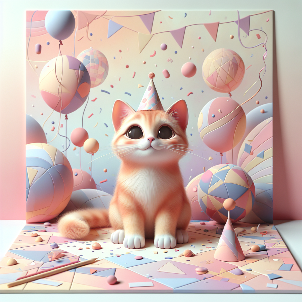 Render a whimsical birthday scene on an abstract pastel canvas. The piece is dominated by playful shapes and confetti-like patterns that seem to be dancing around in joy. Sitting in the midst of this joyful confusion is a charming ginger cat with wide, inquisitive eyes. This feline character is adorned with a miniature party hat. The cat's fur showcases a subtle gradient, blending smoothly into the dreamy background of the artwork. The Cat is shown to be curiously pawing at geometric balloons that appear to float in the scene.
Generated with these themes: Ginger cat.
Made with ❤️ by AI.