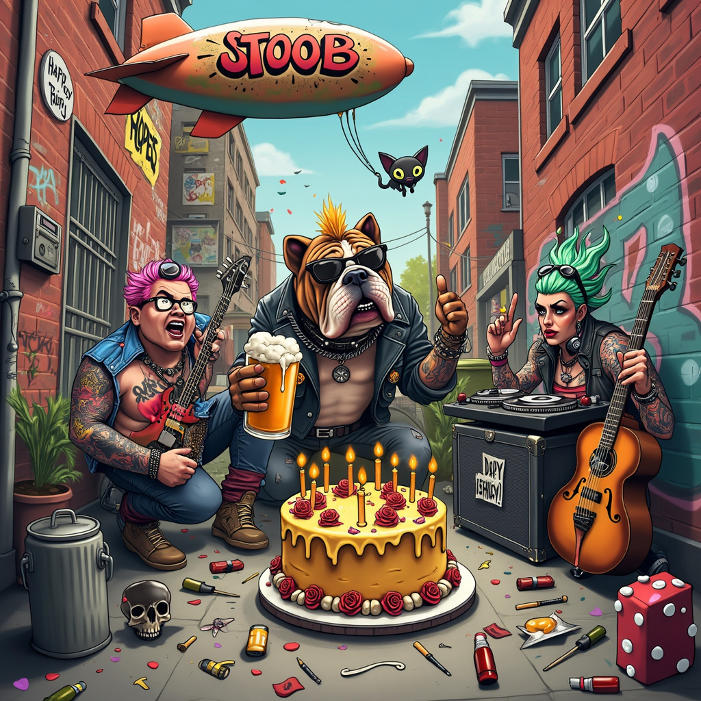 The front cover of the birthday greeting card features a lively and eccentric outdoor punk-rock birthday bash set in a quirky urban alley. The scene is bustling with vibrant energy and detailed with intricate elements. In the background, graffiti-covered brick walls showcase colorful and intricate artwork, including spray-painted skulls, roses, and guitars. The center of attention is a large tattooed bulldog with a mohawk, wearing a studded leather collar and sunglasses, holding a pint of frothy beer in one paw and giving a thumbs-up with the other.

Surrounding the bulldog, a group of punk-rock friends is celebrating enthusiastically. They sport mohawks in various colors, leather jackets adorned with patches, and piercings. One punk with bright blue hair is playing an electric guitar, another with neon pink hair is DJing with a turntable set up on a stack of amplifiers, while a third with green hair is dancing wildly, holding a bottle of beer.

To the left of the scene, there's a large, multi-tiered birthday cake decorated with edible tattoos, skulls, and roses. The top tier of the cake features a sugar-crafted banner that reads "Happy Birthday Stoob" in punk-style lettering with dripping paint effects. Above the scene, in the sky, a blimp floats by with the name "Stoob" emblazoned on its side in graffiti-style letters, leaving a trail of colorful smoke.

Additional elements include a trash can converted into a drum, empty beer bottles scattered around, and streamers made from cassette tapes hanging above the alley. A small black cat with a tiny spiked collar is sitting on a dumpster, curiously watching the festivities.

The entire scene is a delightful, chaotic celebration that perfectly blends the themes of tattoos, punk, and beer, all while highlighting Stoob's special day in the most memorable way.
Generated with these themes: Tattoos , Punk, and Beer.
Made with ❤️ by AI.