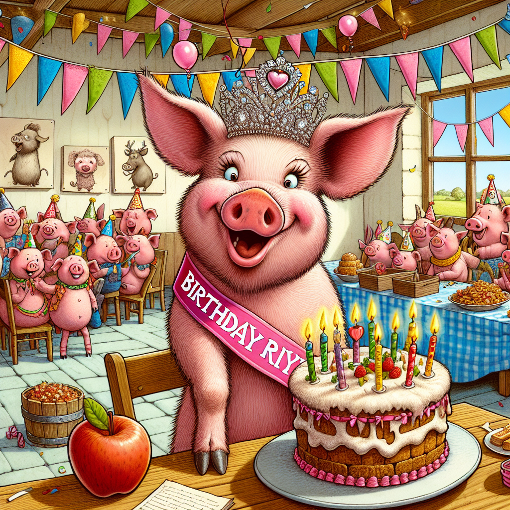 Create a detailed illustration showing a playful pig presiding over a birthday party. This pig is wearing a sparkly tiara and a pink sash with the words 'Birthday Royalty'. The scene takes place in a room decorated with streamers and the walls are covered with funny caricatures of farm animals dressed in party clothes. A table in the room is loaded with birthday snacks, including a cake that resembles a trough and is topped with apple-shaped candles, all of which are ready for the pig's joyful bite. The image should give off a sense of mirth and laughter.
Generated with these themes: pig.
Made with ❤️ by AI.
