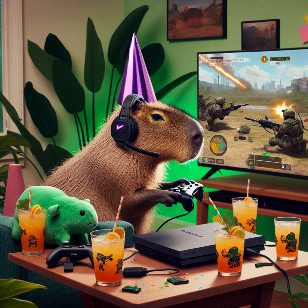 Generate an image portraying a gathering of capybaras immersed in a festive atmosphere. One capybara should be the center of attention, donned with a purple party hat and engrossed in playing a popular war-themed video game on a rectangular video game console. The location is indoors, adorned with vibrant green plants and splatters of an orange drink served in glasses adorned with gaming motifs. Near one edge of the room, a fictional green plush toy is amusingly entangled in the cords of a gaming headset, contributing an aspect of humor to the gaming-themed birthday celebration scene.
Generated with these themes: Capybara, Purple, Call of Duty: Warzone, Orange cordial, Xbox Optic, House plants, and Nanalan.
Made with ❤️ by AI.
