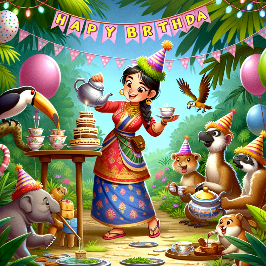 In this whimsical cartoon-like scene, a birthday celebration takes place at a zoo. The focal point is a South Asian female zookeeper, wearing festive clothes, displaying a delightful balance act as she pours tea from a teapot and plants exotic foliage. The lush background teems with birthday decorations and tropical plants. Animals of different species, sporting delightful party hats, anticipate their tea servings with eager expressions. The atmosphere is lightened further by a parrot's comical act of dunking a biscuit into the zookeeper's tea cup, eliciting rounds of laughter.
Generated with these themes: zookeeper plants tea.
Made with ❤️ by AI.