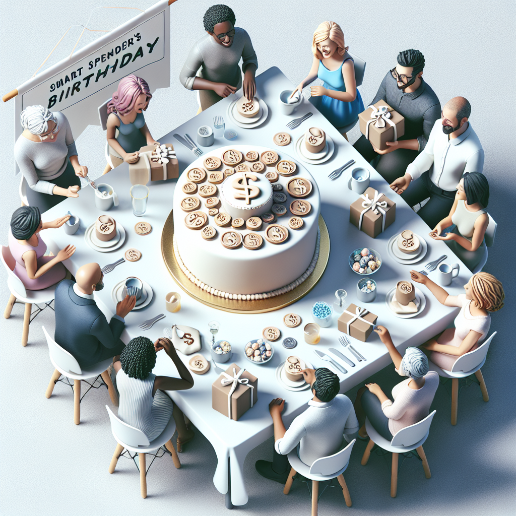 Create an image of a realistic birthday celebration scene. The focus should be on a minimalist table setting with a sleek, modern-looking cake as the centerpiece. This cake should be topped with intricate decoration made from fondant in shapes of coins and dollar signs, all of it edible. Above the table, there's a small banner that has 'Smart Spender's Birthday' written on it. A group of diverse individuals, of different genders and descents including Caucasian, Hispanic, and Middle-Eastern people, are seen laughing and cheerfully exchanging handmade, budget-friendly gifts, keeping in line with the careful spending theme of the party.
Generated with these themes: Spending money.
Made with ❤️ by AI.