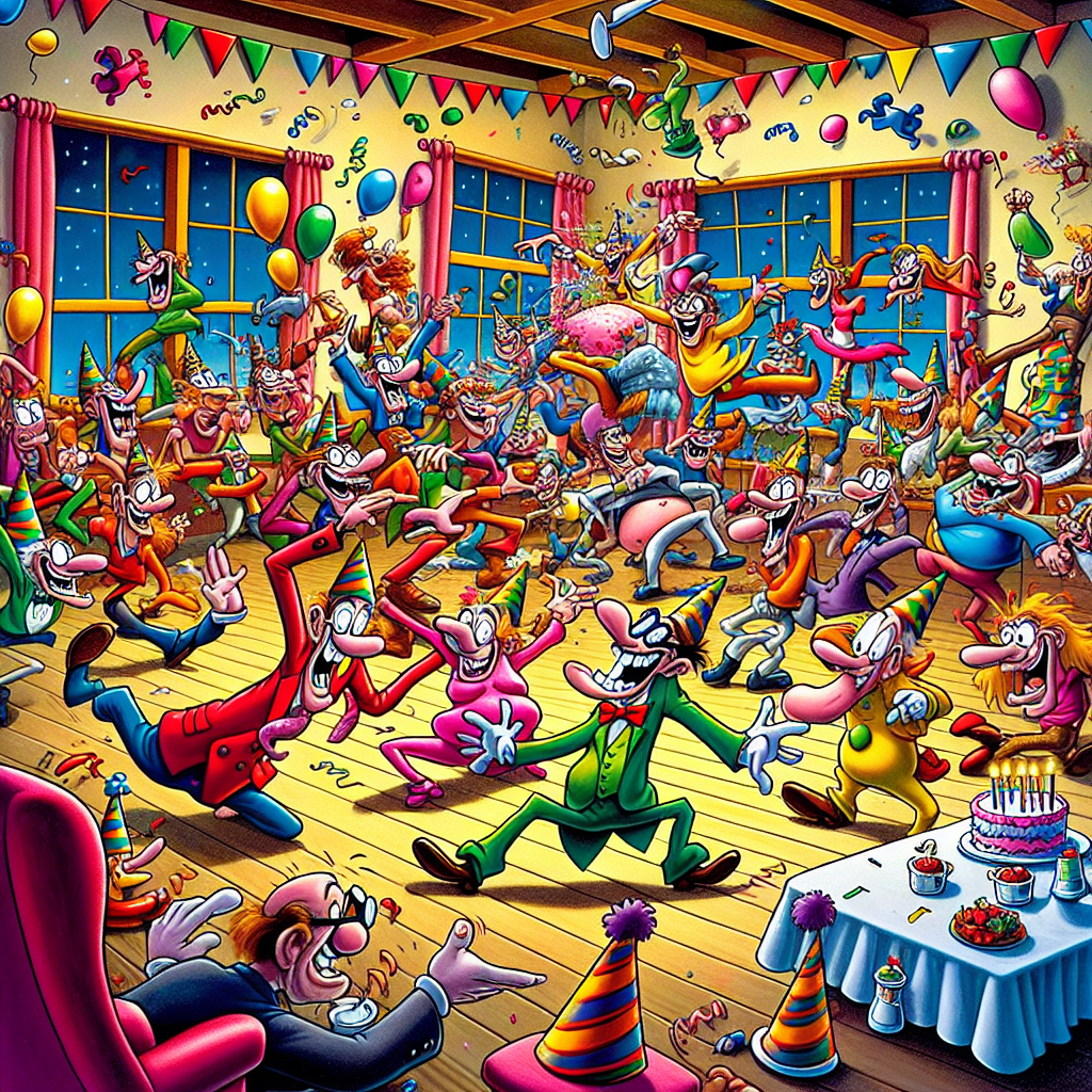 Envision a playful cartoon world. A birthday party is in full swing, featuring grandiose and exaggerated dance maneuvers that dominate the scenario. The setting is accentuated by an eccentric room adorned with lively, happy birthday hats bobbing to the rhythm. In this joyful chaos, a myriad of animated characters take center stage performing a coordinated dance, complete with ludicrous expressions and comic capers. Amidst the fun, a clumsy character inadvertently collides with the birthday cake, causing a burst of icing to fly in time with the dance steps. The spectating characters respond with cheery laughter, enhancing the lighthearted disorder.
Generated with these themes: Dance.
Made with ❤️ by AI.