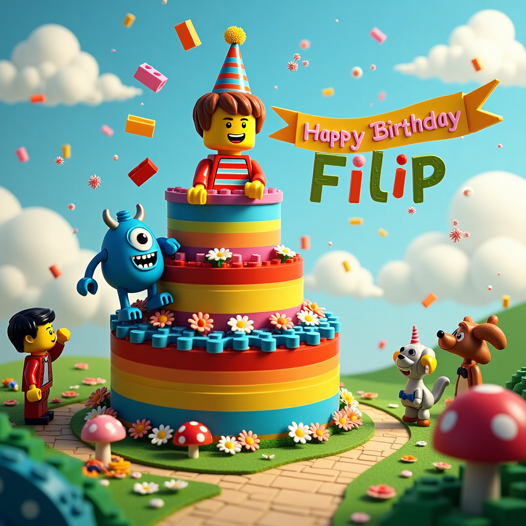 In a whimsical, surreal birthday landscape, we find ourselves in a vibrant world where imagination dances freely. At the center of the scene, a giant, colorful birthday cake towers towards the sky, its frosting swirled like a kaleidoscope of vibrant hues. Atop the cake stands a jubilant Lego birthday boy, composed of vivid yellow and red bricks, wearing a celebratory blue party hat. His expression is one of surprise and delight, reminiscent of the expressive characters in Bill Watterson's "Calvin and Hobbes." 

Perched beside him, Mike Wazowski, the charming one-eyed monster from Disney's "Monsters, Inc.," leans against the cake, playfully juggling Lego bricks that magically hover in the air. Each brick is painted in a different color, with tiny sparkles cascading off them like fairy dust, capturing the whimsy of Winsor McCay's "Little Nemo in Slumberland." 

Above them, the sky is a playful blend of pastels, dotted with fluffy clouds shaped like party balloons. Hidden within the clouds, a cheerful banner flutters in the breeze, spelling out "Happy Birthday Filip" in vibrant, bubbly letters. The letters are crafted to resemble Lego bricks, each one a different color, making them pop against the serene sky. 

In the foreground, a winding path made of colorful Lego pieces meanders through a lush, cartoonish landscape, dotted with oversized daisies and mushrooms reminiscent of Charles Schulz's "Peanuts." The path leads to an array of peculiar guests: a dapper Lego gentleman tipping his brick hat, a mischievous squirrel wearing a party bow tie, and a cheerful robotic dog assembled from spare Lego parts, channeling the playful absurdity found in Gary Larson's "The Far Side." 

This enchanting birthday scene is a celebration of imagination, capturing the joy and wonder of childhood with each carefully crafted detail.
Generated with these themes: Lego birthday boy and mike wazowsky .
Made with ❤️ by AI.