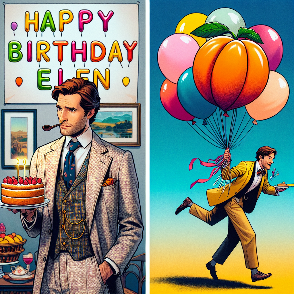 The scene shows a brown-haired boyfriend wearing a party hat, holding a bunch of colorful balloons with one shaped like a peach, referencing his large bum. In the background, 'Happy Birthday Elen' is spelled out in balloon letters, with a comical depiction of the boyfriend chasing a floating piece of cake tied to one of the balloons.
Generated with these themes: Brown haired boyfriend in twenties with big bum .
Made with ❤️ by AI.