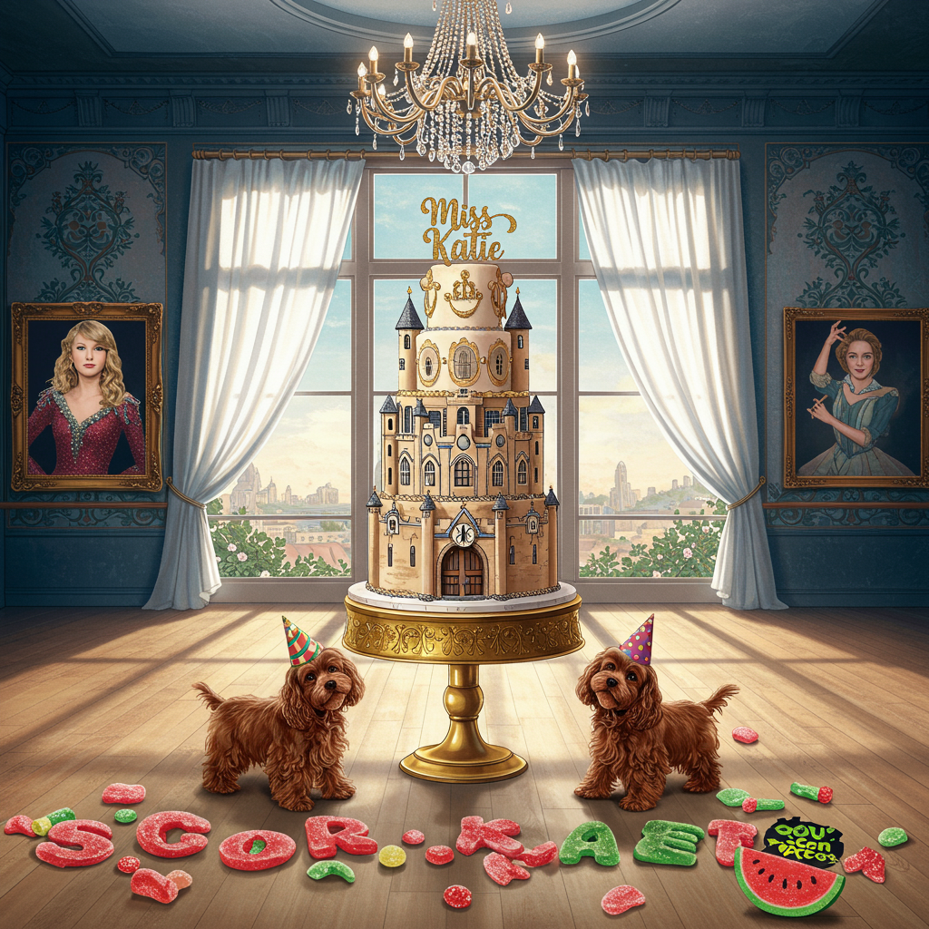 **Front Cover Illustration:**

In the foreground, center stage, is a brightly lit dance studio with a gleaming wooden floor and large, panoramic windows stretching across the back wall, allowing sunlight to stream through. The windows are draped with billowing, sheer white curtains that gently sway, framing the lively scene.

**Centerpiece:**  
An elegant birthday cake, tiered like the Tower of London, sits proudly atop a gilded pedestal. Each tier is adorned with intricate detailing reminiscent of Tudor architecture, inspired by SIX The Musical. Crown-like accents with shimmering edible gold leaf highlight the cake’s layers. The cake is crowned with a delicate sugar sculpture of a scepter and microphone, paying homage to Taylor Swift. Atop the cake, "Miss Katie" is beautifully scripted in swirling, golden frosting.

**To the Right:**  
Two adorable cocker spaniels with wavy, silky fur in hues of chocolate and caramel are playfully poised, wearing miniature party hats. Their tails wag in sync with the rhythm of a distant melody, and they are surrounded by scattered Sour Patch Kids Watermelon candies, whose vibrant pink and green colors pop against the polished wooden floor. The candies are whimsically arranged to spell "Miss Katie."

**To the Left:**  
A portrait of Taylor Swift, stylized in the classic, detailed line work reminiscent of Aubrey Beardsley, hangs on the studio wall. Her attire is a blend of historical elegance and modern pop star glamour, echoing the Renaissance-meets-modern theme of SIX The Musical.

**Background Elements:**  
To add a touch of Maxfield Parrish’s vibrant color palette, the walls of the studio are painted in dreamy shades of twilight blues and purples, with intricate murals depicting lively dance figures akin to those in Arthur Rackham’s illustrations, swirling and pirouetting in an eternal ballet. The ceiling boasts an ornate chandelier, dripping with crystals that catch the sunlight, casting scattered rainbows across the room.

**Additional Details:**  
A small boombox in the corner, vintage yet charming, echoes Quentin Blake’s lively sketches, adding a dash of whimsy. Next to it, a pile of colorful Sour Patch Kids Watermelon candy wrappers sits haphazardly, their bright colors complementing the lively energy of the room.

Overall, the scene is a jubilant amalgamation of historical elegance, modern pop culture, and playful whimsy, all tied together with the personal touch of "Miss Katie," making it a truly unique and expressive birthday greeting card cover.
Generated with these themes: SIX The Musical, Taylor Swift, 2 Cockaspaniels, Dance Studio, and Sour Patch Kids Watermelon.
Made with ❤️ by AI.