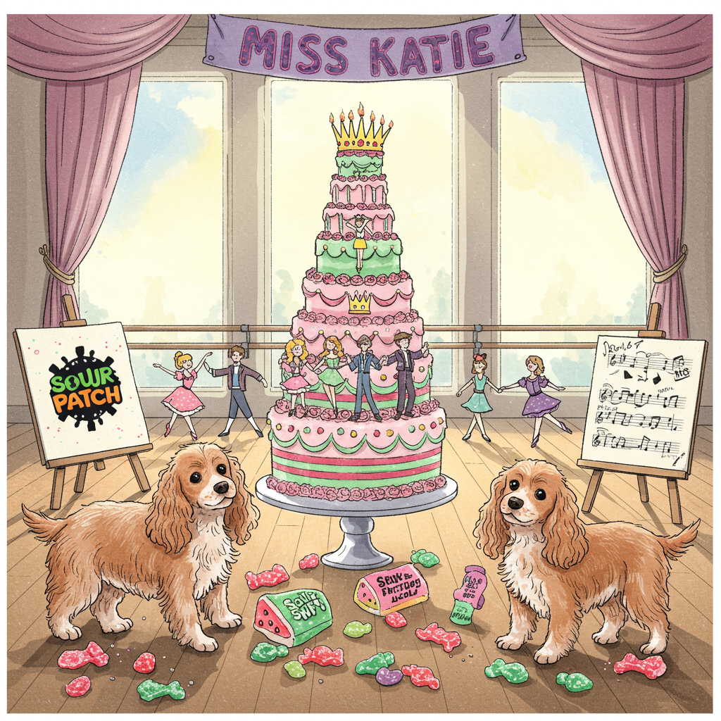 The front cover of the greeting card is a bustling, detailed scene that marries whimsy with dynamic elements from popular culture, all in a charming hand-drawn style reminiscent of a blend of Quentin Blake’s fluid line work and Maurice Sendak’s rich detail.

**Foreground:**

In the foreground, we see two lively Cocker Spaniels. One is playfully holding a pink, sequined SIX The Musical crown in its mouth. The other wears a miniature Taylor Swift "1989" album t-shirt. Both dogs have soft, flowing coats, illustrated with intricate lines to convey texture. They stand on a polished wood floor, typical of a dance studio, with scattered Sour Patch Kids Watermelon candies around their paws. Each candy is depicted in bright greens and pinks, their sugar-coated surfaces detailed with tiny dots and lines to mimic a sugary texture.

**Centerpiece:**

At the heart of the scene, a large birthday cake towers, decorated with vivid pink and green layers to echo the Sour Patch Kids. The cake’s frosting is lavishly illustrated with swirls and twirls, topped with tiny crowns reminiscent of SIX The Musical. Dancing around the cake are tiny, illustrated figures dressed in vibrant, period-inspired costumes from the musical, their movements frozen in joyful, theatrical poses.

**Background:**

The backdrop is an elegant dance studio, featuring tall windows through which a bright, soft yellow light streams, casting delicate shadows on the floor. These windows are adorned with flowing white curtains, drawn aside to reveal glimpses of a serene, pastel-blue sky. Hanging from the ceiling is a large banner with bold, playful lettering that reads "Miss Katie" in vibrant purple, reminiscent of a theatre marquee, suggesting a personal celebration dedicated to her.

**Additional Elements:**

To the side, a small easel stands with an open music book, showing sheet music from Taylor Swift’s "Shake It Off," sketched in fine detail. On the floor, there is a colorful assortment of dance shoes—ballet slippers, jazz shoes, and tap shoes—drawn with attention to different textures, from the satin sheen of ballet shoes to the leather detail of tap shoes.

This greeting card captures the vivacious energy and intricate whimsy of a birthday celebration, weaving together contemporary cultural references with the timeless charm of classic illustration styles.
Generated with these themes: SIX The Musical, Taylor Swift, 2 Cockaspaniels, Dance Studio, and Sour Patch Kids Watermelon.
Made with ❤️ by AI.