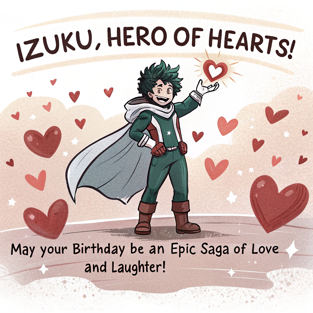 At the top of the image, "Izuku, Hero of Hearts!"

At the bottom of the image, "May your birthday be an epic saga of love and laughter!"

- In the center of the image, create a hand-drawn illustration of a superhero-themed romantic scene. Izuku, clad in a dashing superhero outfit, is dramatically sweeping his love interest off their feet. The scene is set against a whimsical backdrop of floating hearts and stars, with a warm, expressive color palette adding to the romance.
Generated with these themes: Hero, and .
Made with ❤️ by AI.