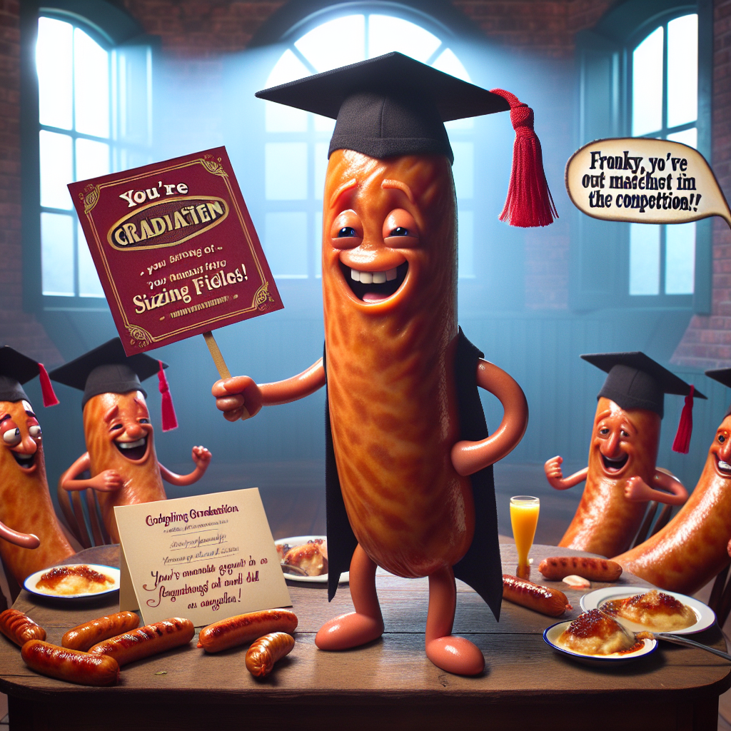 Conjure up a whimsical scene where anthropomorphized sausages are enjoying a grand soirée. The central figure is the star of the event, an expressive sausage adorned with a graduation cap, proudly flaunting a diploma with a cheeky grin. The sausage characters in the vicinity are laughing, each holding a banner with a fun pun such as 'You're sizzling hot in your field!' and 'Frankly, you've outmatched the competition!'. The ambiance is tinged with playfulness and jubilant cheers, celebrating the magnificent achievement in an unusual, whimsical gathering of exultant sausages.
Generated with these themes: Puns, Sex, and Sausage .
Made with ❤️ by AI.
