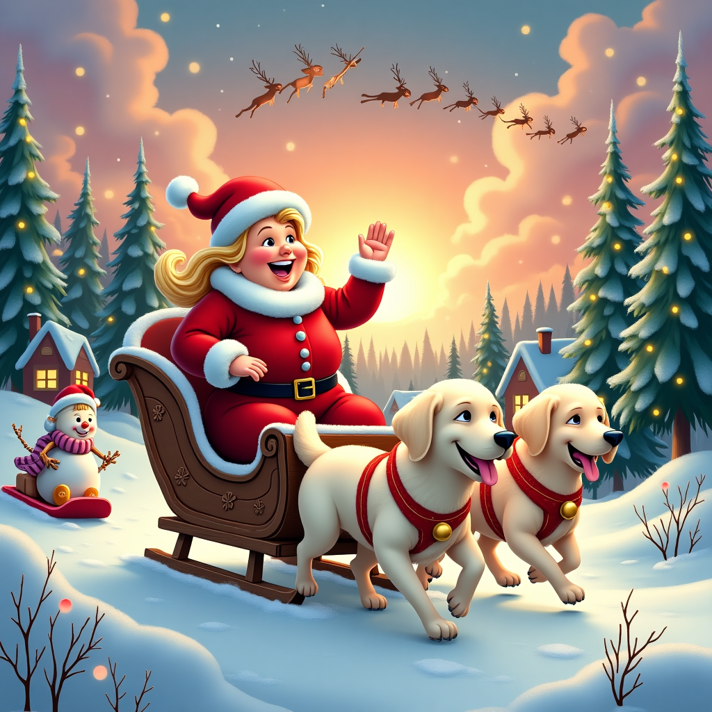 In a whimsical snowy wonderland, inspired by the vibrant storytelling and cartoonish flair of classic illustrators, we find our 70-year-old chubby blonde heroine. She's joyfully steering a beautifully carved wooden sleigh, polished to a festive gleam. Her hair, golden and tied into a spirited ponytail, peeks out from under a plush red Santa hat, which matches her traditional Santa suit, complete with fluffy white trim. The suit fits snugly, accentuating her merry, rounded figure as she waves joyously at unseen friends. The sleigh, intricately adorned with carved patterns reminiscent of snowflakes and holly, glides smoothly across the soft, shimmering snow. 

In front, two majestic white golden retriever dogs, their coats gleaming like freshly fallen snow, stride with energetic grace. Their eyes sparkle with playful determination, and they wear matching red harnesses embellished with jingling golden bells, each stride setting off a chorus of merry jingles. The background reveals a cozy village, with small, warmly lit cottages peeking through towering snow-capped pine trees. Each tree is detailed with twinkling fairy lights and frosted tips, casting a gentle glow over the scene. 

The sky is a dazzling swirl of pinks and purples as the sun sets, with fluffy clouds that look like cotton candy drifting lazily by. Above, a flock of cartoonish reindeer are silhouetted against the setting sun, as if on a training run for the big night. There's a sense of bustling cheerfulness as nearby snowmen, complete with carrot noses and top hats, wave cheerfully at our jolly Santa-like lady. In the foreground, a delighted child on a sled slides down a nearby hill, leaving a trail of laughter. This scene, rich in detail and brimming with holiday cheer, is a perfect encapsulation of a playful, heartwarming Christmas card.
Generated with these themes: 70 year old chubby blonde woman, without glasses, with ponytail hair, dressed in santa suit, riding a sleigh pulled by 2 white golden retriever dogs.
Made with ❤️ by AI.