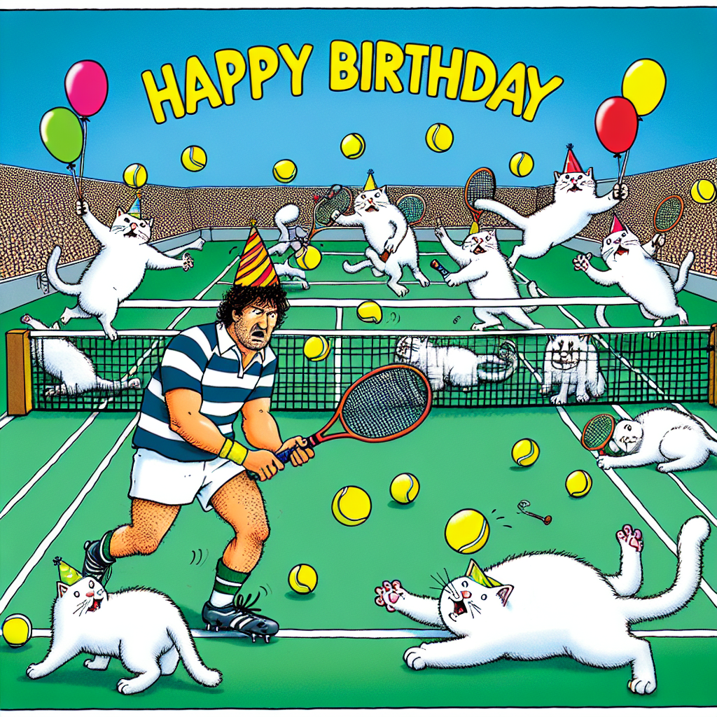 Illustrate a hilarious birthday card scene featuring a chaotic tennis match taken over by frolicking cats. The cats are seen to have commandeered the court, striking tennis balls with their oversized rackets. Amidst this feline chaos, a bewildered rugby player of Caucasian descent has unwittingly wandered into the scene. He is humorously attempting to join into the cat-filled tennis match, assuming it to be a rugby scrimmage. Adding to the hilarity, he can be seen wearing a party hat precariously positioned on his head and has a cheerful birthday balloon tied to his wrist.
Generated with these themes: Tennis, rugby, Cats.
Made with ❤️ by AI.