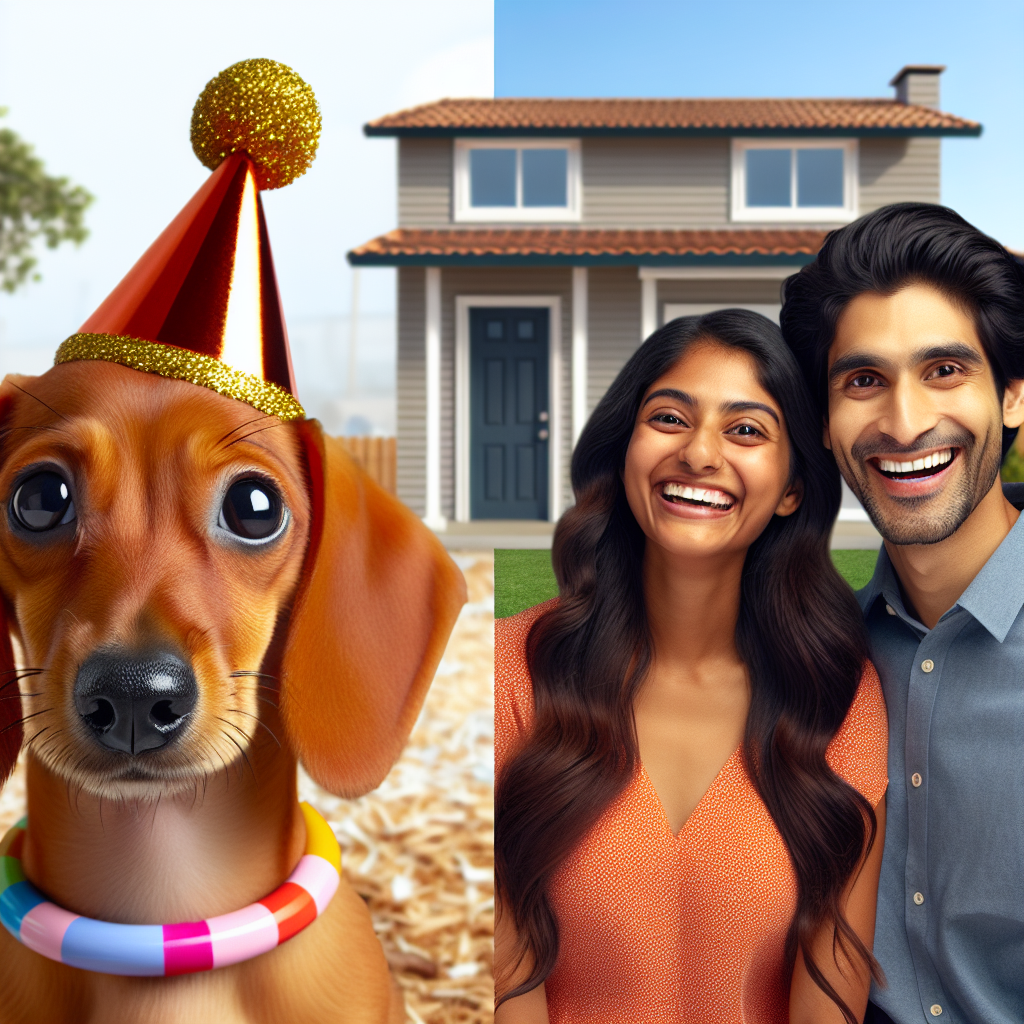 Create an image that features a delightful sausage dog in the center, dressed with a miniature party hat and a vibrant ring around its neck, signifying devotion and fidelity. The background shows a recently built home, with comforting details signaling a new start. In front of the house, there are two figures: a South Asian man with dark hair and a joyful smile, and a Hispanic woman with long dark hair, sun-kissed skin, and wide brown eyes, both emanating joy.
Generated with these themes: Sausage dog, engagement ring, new home, dark haired boyfriend, and Long dark hair, tanned skin, large brown eyes.
Made with ❤️ by AI.