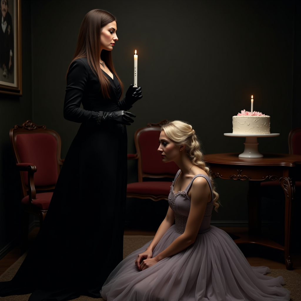 At the top of the realistic photograph image:  
**"Happy Birthday, Sugarplums — Time to Accept Your Punishment (and Cake)!"**

**Image Prompt:**  
Create a solemn, realistic photograph depicting an elegant, moody birthday scene set in a dimly lit Victorian-style study. The brunette Mistress stands tall with a calm, commanding presence. She has long, sleek straight hair, wearing a tastefully dominant, tailored dark ensemble — somewhere between classic couture and authority. In one gloved hand, she holds a symbolic, unlit candle — representing wisdom and time — rather than anything overtly suggestive.

Before her, kneeling in humble repose, is Sugarplums — a blond adult, dressed in muted birthday tones like lavender and pale silver, eyes cast down in quiet anticipation. The atmosphere is heavy with tradition, reverence, and quiet power. In the background, a vintage table holds an ornate, untouched birthday cake with a single candle, unlit. Rich textures and deep shadows complete the quiet but powerful mood. A birthday not forgotten — but earned.
Generated with these themes: Mistress punishing her slave, Mistress is brunette and has long straight hair., and Sugarplums is blond.
Made with ❤️ by AI.