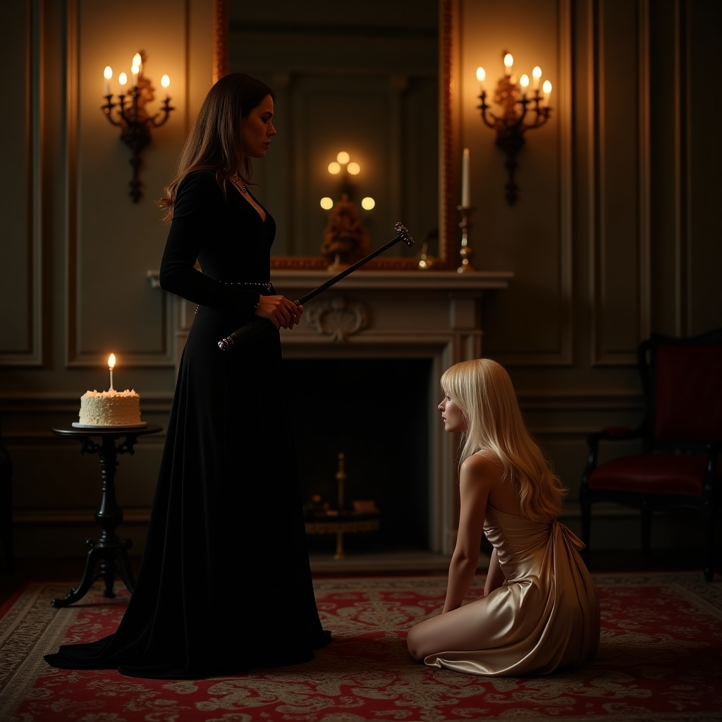 **Image Prompt:**

At the top of the realistic photograph image, *"Happy Birthday, Sugarplums — you've been a very naughty gift this year…"*

A solemn, cinematic photograph set in a grand, dimly lit Victorian-style parlor. A tall brunette woman with long, straight hair — regal and composed in a sleek black velvet gown — stands sternly at the center, holding a vintage riding crop in one hand. Her expression is unreadable, a mixture of calm authority and poised disappointment. Before her, kneeling on a richly patterned rug, is Sugarplums — a blond figure in an elegantly disheveled silk birthday outfit, looking down in respectful submission. Candlelight casts dramatic shadows on the ornate walls, creating a quiet tension in the air. A birthday cake with one single candle sits on a nearby antique table, untouched. The atmosphere is respectful, quiet, and powerfully still — the perfect blend of formality, drama, and a cheeky edge for a very grown-up birthday card.
Generated with these themes: Mistress punishing her slave, Mistress is brunette and has long straight hair., and Sugarplums is blond.
Made with ❤️ by AI.
