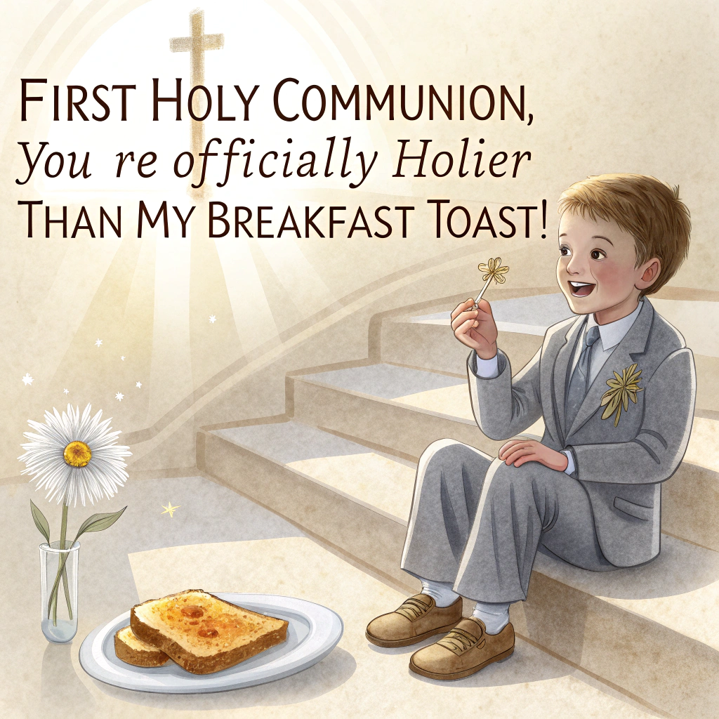 At the top of the image, "First Holy Communion, you’re officially holier than my breakfast toast!"

- Show a realistic, heartwarming photograph of a young boy dressed smartly in his First Communion suit, sitting cheerfully on a sunlit church step, holding a silver cross necklace. Next to him is a plate with a piece of slightly burnt toast wearing a halo made from sunlight, as if "jealously" peeking at the boy. A dandelion fluff floats past to add whimsy and cuteness.
Generated with these themes: boy.
Made with ❤️ by AI.
