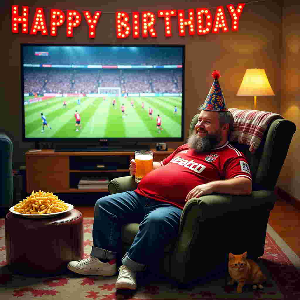 In the vibrant and whimsical scene, our jovial birthday man is comfortably nestled in his plush, overstuffed recliner, which has seen better days but is undeniably the throne of his living room kingdom. His round, endearing beer belly peeks slightly from beneath his snug Feyenoord jersey, a testament to many loyal seasons as a devoted fan. On his feet, a pair of well-worn, classic white trainers prop lazily on an ottoman that's been commandeered by a fuzzy orange cat, snoozing away. The focal point is the enormous flat-screen TV, aglow with the fervor of a Feyenoord football match, where the players dash across the screen with electrifying energy.

Beside him, a small wooden side table groans under the weight of a decadent plate piled high with golden, crispy French fries, glistening with just the right amount of oil. Atop the fries is an artfully placed dollop of creamy mayonnaise, inviting and indulgent. In his right hand, he clutches a frosty beer mug, condensation dripping down its sides, reflecting the glint of the TV’s light. A playful birthday hat, slightly askew, perches on his head, adding a touch of celebratory chaos.

Around the room, hints of Feyenoord fandom are splashed about – a scarf draped over the back of a chair, a few team pennants pinned haphazardly on the walls, and a coffee table cluttered with football magazines. Above all, in bold, colorful letters hanging festively from the ceiling, is the message: "HAPPY BIRTHDAY!" Each letter is outlined in the iconic red and white of Feyenoord, making the room as lively and spirited as the man himself.
Generated with these themes: Make a card of a man  with a little beer belly eating a plate off french fries with a dollop of mayonaise  on it and holding a beer wearing trainers,. The man is watching a Feyenoord football game on TV. The card says happy birthday.
Made with ❤️ by AI.