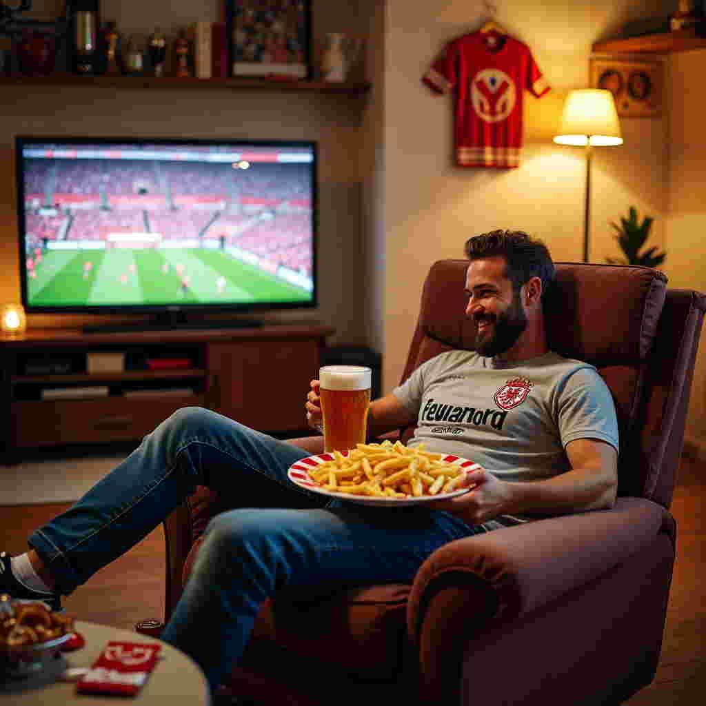 Picture a lively living room with a cozy, lived-in vibe. In the center of the scene is a man lounging on a plush, slightly worn-out recliner, clad in a casual t-shirt that subtly hints at his allegiance to Feyenoord, along with a pair of comfortable trainers that are slightly scuffed from use. His contented grin is infectious as he balances a large plate of golden, crispy French fries on his lap, adorned with an indulgent dollop of creamy mayonnaise on the side. In his other hand, he clutches a frosty beer mug, tiny droplets of condensation glistening under the room’s warm lighting.

The walls are adorned with memorabilia—a vintage Feyenoord scarf hangs proudly, and a shelf houses various sports trophies and souvenirs, each with its own tale of past football victories. The TV, a sizable flat-screen, captures the action of a thrilling Feyenoord game, the players a blur of red and white. In the foreground, a small coffee table is cluttered with beer coasters and a half-opened bag of pretzels, adding to the casual, game-day atmosphere.

The birthday card cleverly integrates all these elements: it frames the man’s spirited dedication to both his favorite team and his celebratory indulgence. Above this spirited scene, bold, playful letters read "Happy Birthday!" creating a sense of festive cheer and highlighting the joyous blend of simple pleasures.
Generated with these themes: Make a card of a man  with a little beer belly eating a plate off french fries with a dollop of mayonaise  on it and holding a beer wearing trainers,. The man is watching a Feyenoord football game on TV. The card says happy birthday.
Made with ❤️ by AI.