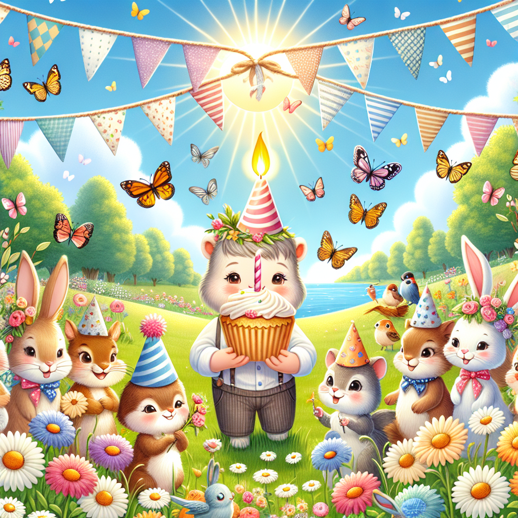 The scene is set in a sunlit garden with butterflies flitting about, where a picnic blanket is laid out with birthday treats. In the center, an illustration of you, complete with personal attributes such as eye color or a favorite outfit, holds a cupcake with a flickering candle. Around you, a group of adorable animals in party hats - rabbits, squirrels, and birds - gather as if to sing 'Happy Birthday.' Pennant banners crisscross overhead, and the entire scene is framed by a border of daisies and party streamers.
Generated with these themes: me.
Made with ❤️ by AI.