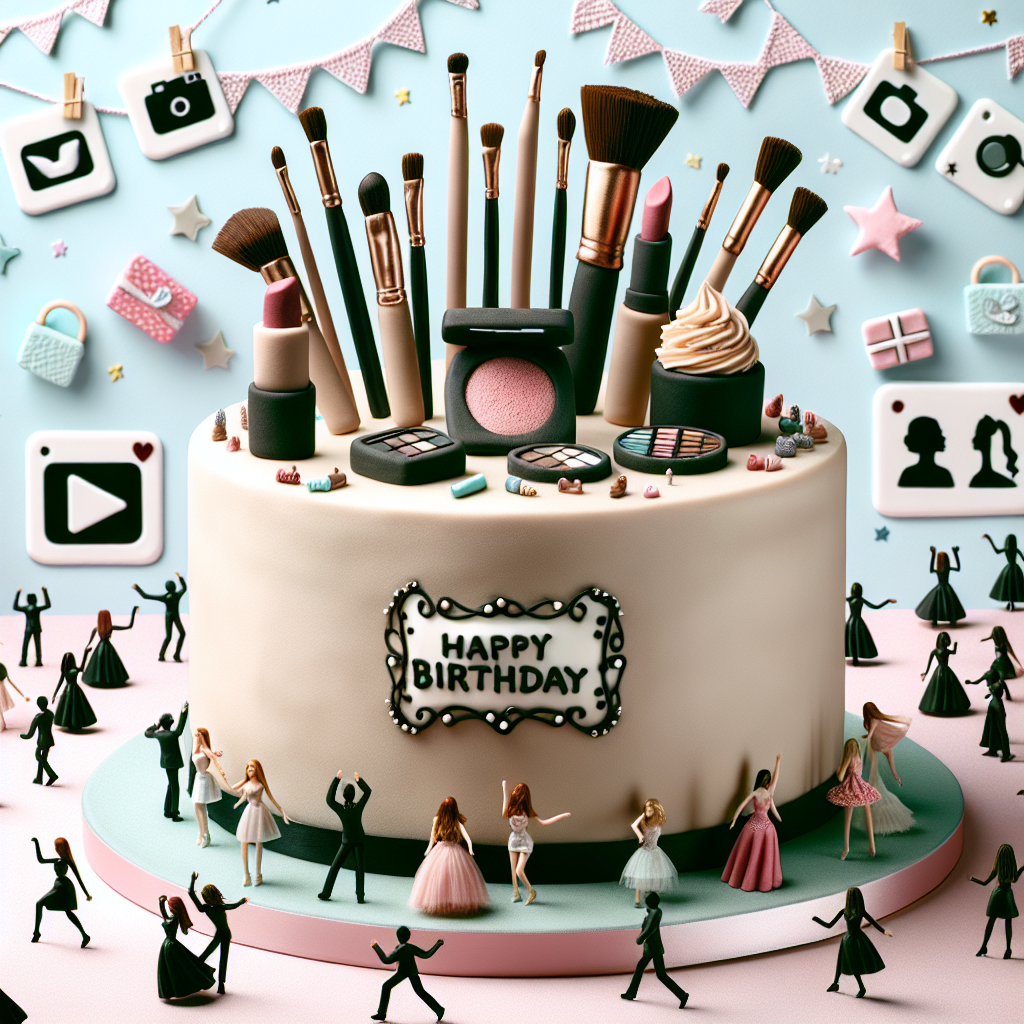 Create an image that showcases a festive birthday party scene. The central focus should be a neatly decorated cake, adorned with tiny edible replicas of make-up essentials such as lipstick, brushes, eyeshadows, and miniature accessories inspired by iconic dolls. The backdrop should feature silhouettes of people dancing jubilantly, representing a lively gathering. To emphasize the celebrant's online presence, integrate subtle motifs that are associated with social video-sharing platforms, connecting the party atmosphere with the online audience.
Generated with these themes: YouTube , Make-up , Barbie, Cake, and Dancing .
Made with ❤️ by AI.