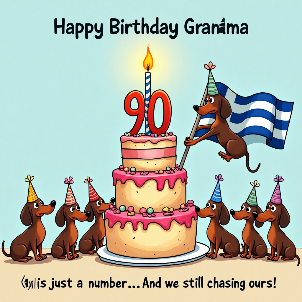 Dachshund dogs, birthday cake, greek flag, 90 years old, and Birthday Card