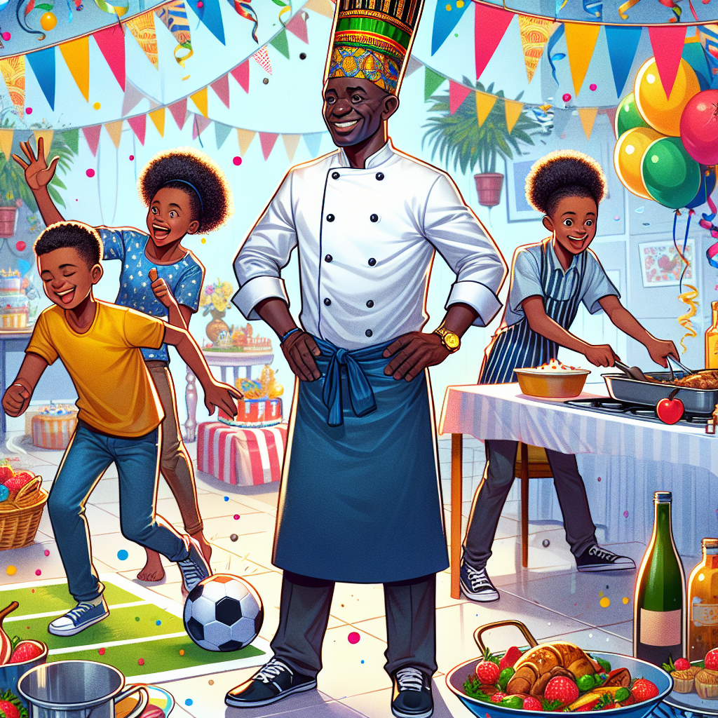 Create a vibrant, birthday-themed illustration featuring a Black chef standing in the middle of a lively party. The chef, embellished with a hat that has traditional African prints, is surrounded by their sons gleefully involved in a soccer game on one side and their daughter assisting in kitchen duties on the other side. The background is brimming with celebratory decorations and an array of colourful balloons, while a touch of familial intimacy pervades the atmosphere.
Generated with these themes: Chef, Sons, Daughter, African prints, Party, and Sons soccer.
Made with ❤️ by AI.