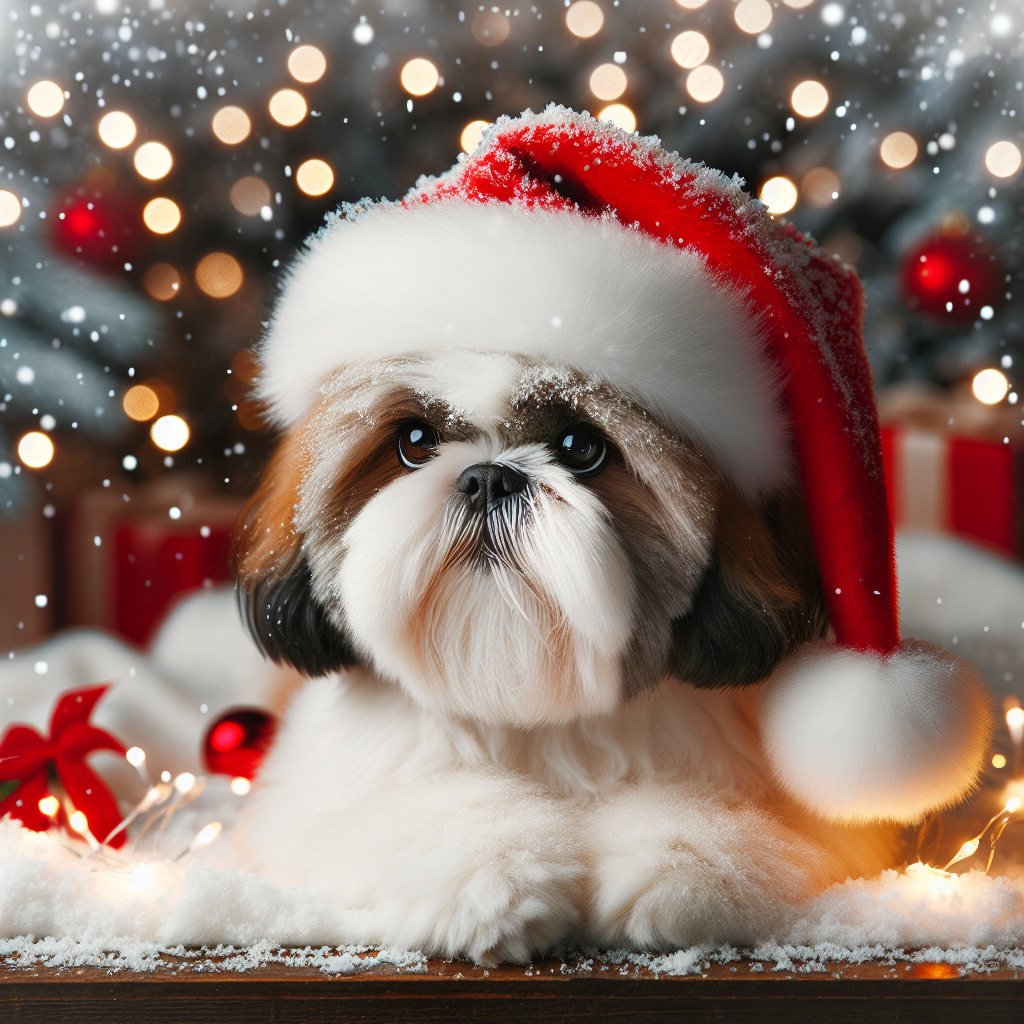 In this cozy Christmas scene, a plump white Shih Tzu dog with deep brown eyes is depicted wearing a bright red Santa hat. The illustration is brought to life with a soft snowfall and glistening lights reflecting off the dog's fluffy coat.
.
Made with ❤️ by AI.