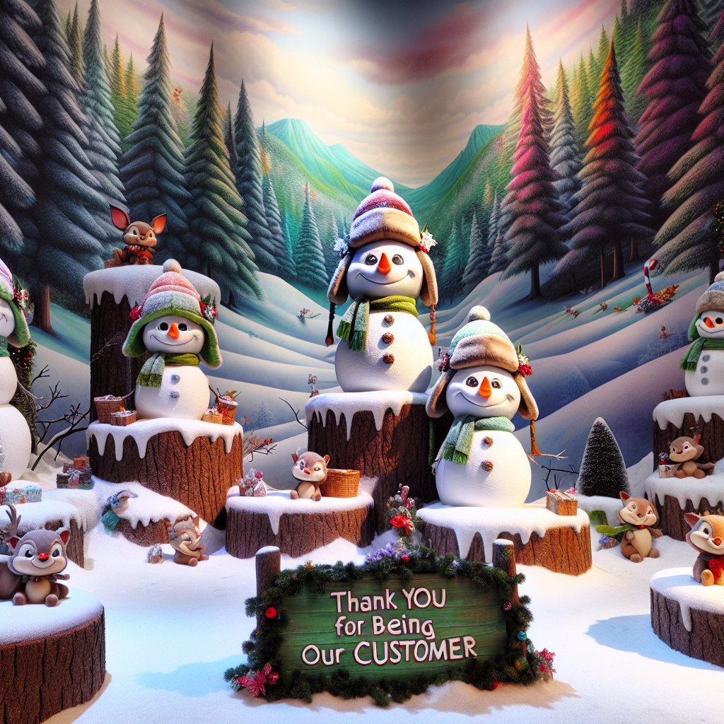 An animated snowy valley scene sets the stage, where jolly snowmen sit on log benches covered in colorful valley-themed upholstery. Each snowman wears a hat with 'Merry Christmas' whimsically written around the brim. Dancing around the scene, joyous woodland creatures carry banners that read 'Thank you for being our customer', adding to the cartoonish charm.
Generated with these themes: valley upholstery.
Made with ❤️ by AI.