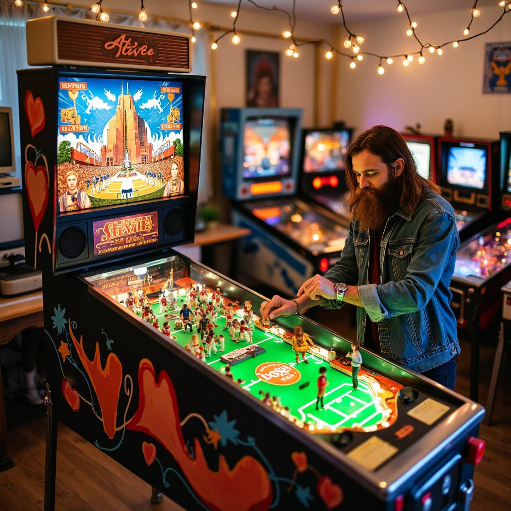 The setting is an eclectic game room decked out to celebrate 'Stevie's' anniversary. A grand pinball machine sits at the heart of the room, repurposed into a serving station carrying a magnificent celebratory cake. This centerpiece features a delightful diorama of Stevie and their partner, complete with miniatures engaging in a duel of Magic: The Gathering atop a grassy fondant football pitch, surrounded by detailed Lincoln City Football supporters with tiny felt beards. At the back of the room, a collection of old computers, their screensavers alternating between pixel-art heart animations and photos of the couple's escapades, cast a nostalgic glow over the line-up of vintage pinball machines available for play. Pins entwined with fairy lights dangle from the ceiling, and a life-size cutout of Stevie, with an amusingly oversized beard, invites attendees to poke their faces through for a humorous photo op, right next to a banner exclaiming 'Happy Anniversary Stevie!' in a font reminiscent of arcade classics.
Generated with these themes: Lincoln City Football, Magic the Gathering, Pinball machines, Old computers, and Beard.
Made with ❤️ by AI.