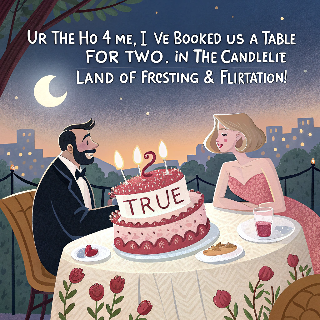At the top of the image, "Ur the ho 4 me, I’ve booked us a table for two… in the candlelit land of frosting & flirtation!"

- The image features a whimsically illustrated scene of a super fancy man in a tuxedo and a fabulously overdressed woman in a sparkly evening gown sitting at an extravagant candlelit table on a rooftop under a full moon.

- Between them sits an absurdly large birthday cake shaped like a romantic heart, with sparklers, strawberries, and pink whipped cream spelling out “True Flavours of Love”.

- The man is offering a forkful of cake to the woman with dramatic flair, while the woman bats her lashes and dramatically fans herself with a dessert menu labeled "Chocolate, Champagne, Chaos".

- Floating love hearts and birthday balloons bob around them, some heart balloons shaped like butlers offering more desserts.

- In the background, a skyline spells out “LOVE IS LAYERED (like this cake)” in the windows of the buildings.

- The entire image should have a bright, colourful palette with pinks, purples, and golds, leaning into an exaggeratedly romantic, playful feel with elegant-meets-silly flair.
Generated with these themes: 1 fancy guy, 1 fancy woman, Romantic dinner, Love, and Birthday cake.
Made with ❤️ by AI.