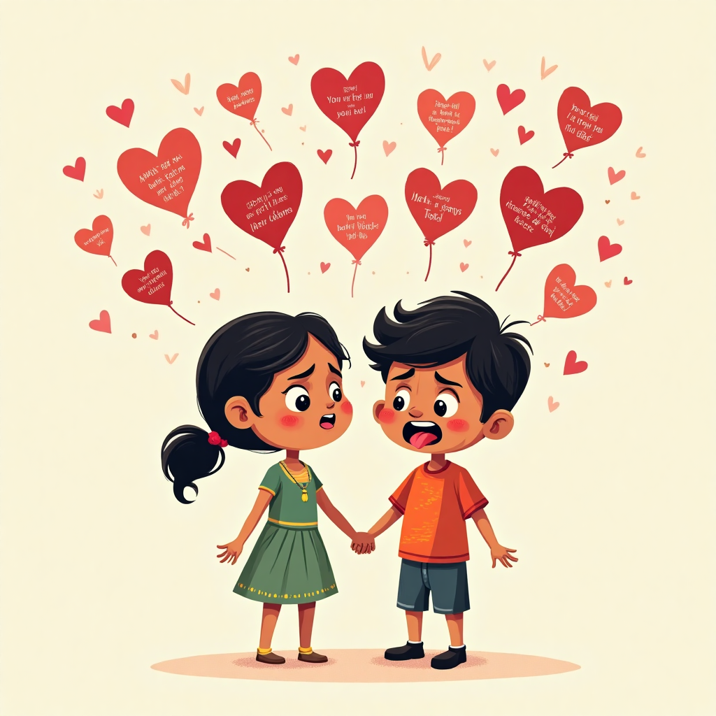 At the top of the Vector Style image, include the text: "Happy Birthday Appa"

**Image Prompt:**

Illustrate a cheeky and playful scene with a Tamil girl standing next to her dad, both with exaggerated expressions of mock disbelief or teasing. The father could be pretending to be annoyed, while the daughter sticks out her tongue in a playful manner. Surround them with bold, vibrant love hearts, each heart displaying a different cheeky phrase like "You're still my hero, even with that dad bod!" in small, crisp vector-style text. Use clean lines and solid color blocks, maintaining a flat-vector aesthetic. The background should be simple, focusing the attention on the characters and their dynamic expressions.
Generated with these themes: , and .
Made with ❤️ by AI.