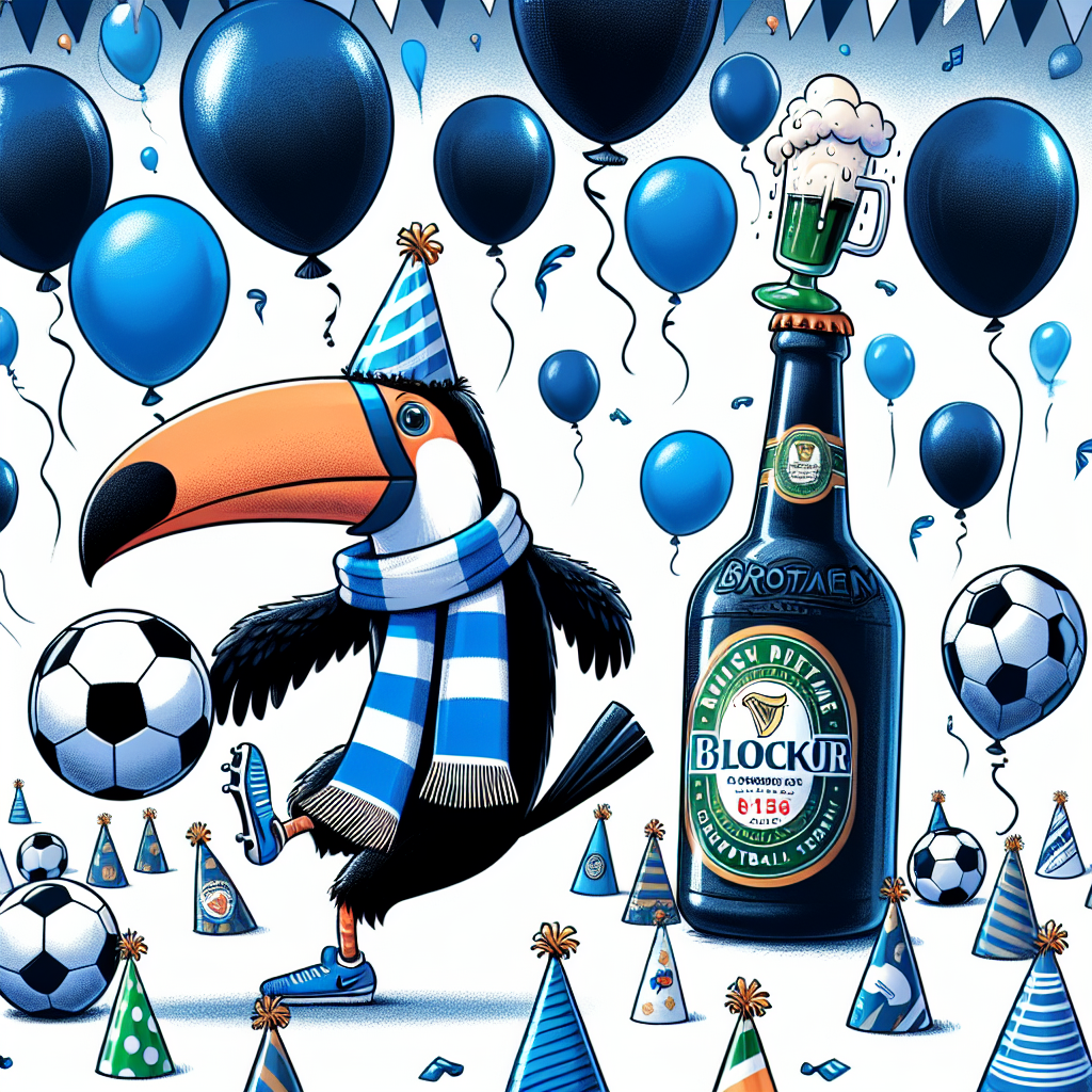 This festive cartoon depicts a birthday celebration in action, dominated by a beloved football team's blue and white colors. A playful toucan wearing a scarf in these colors is seen kicking a football amidst a sea of party hats. Nearby, a humorously oversized bottle of a popular Irish stout stands tall in a festive party cap and serves as the inclusive party's interesting centerpiece. Floating above are various balloons, some bearing the likeness of the toucan, others with football patterns, creating a harmonious and jubilant atmosphere perfect for any football-loving birthday enthusiast.
Generated with these themes: Football, Chelsea, Toucan , Guinness , and Party.
Made with ❤️ by AI.