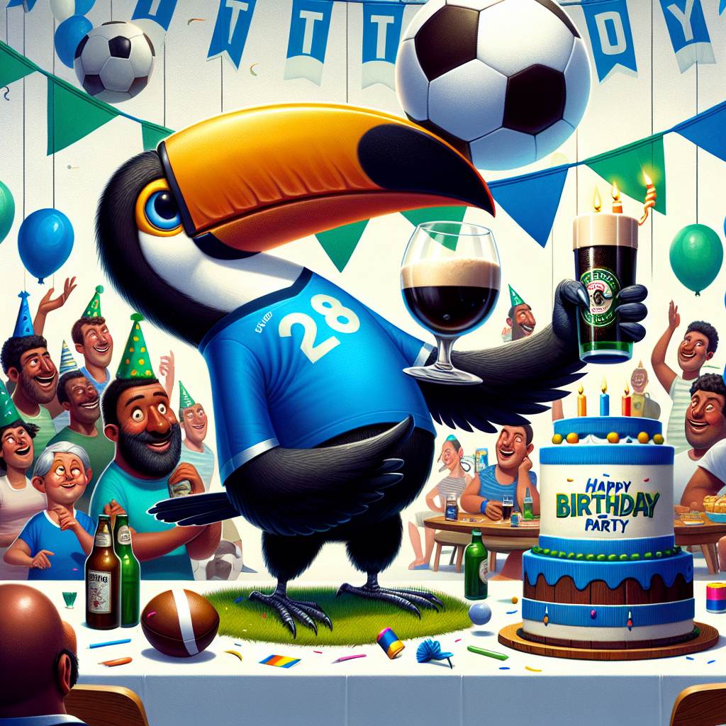 Produce a vibrant, humorous illustration focused on a birthday party. The central figure should be an outsized, playful toucan wearing a blue football jersey and efficiently juggling a football using its beak. In the background, spectators of diverse ethnicities and genders are seen partaking in the festivities, focusing on a toucan-themed birthday cake centralized on a table and adorned with decorations in a similar and consistent blue shade. Football-themed banners dangle from ceilings overhead, contributing to the lively mood. Include an added humorous touch by showing a second toucan balancing steadily on a bottle of stout, raising a glass in a toast to the birthday honoree.
Generated with these themes: Football, Chelsea, Toucan , Guinness , and Party.
Made with ❤️ by AI.