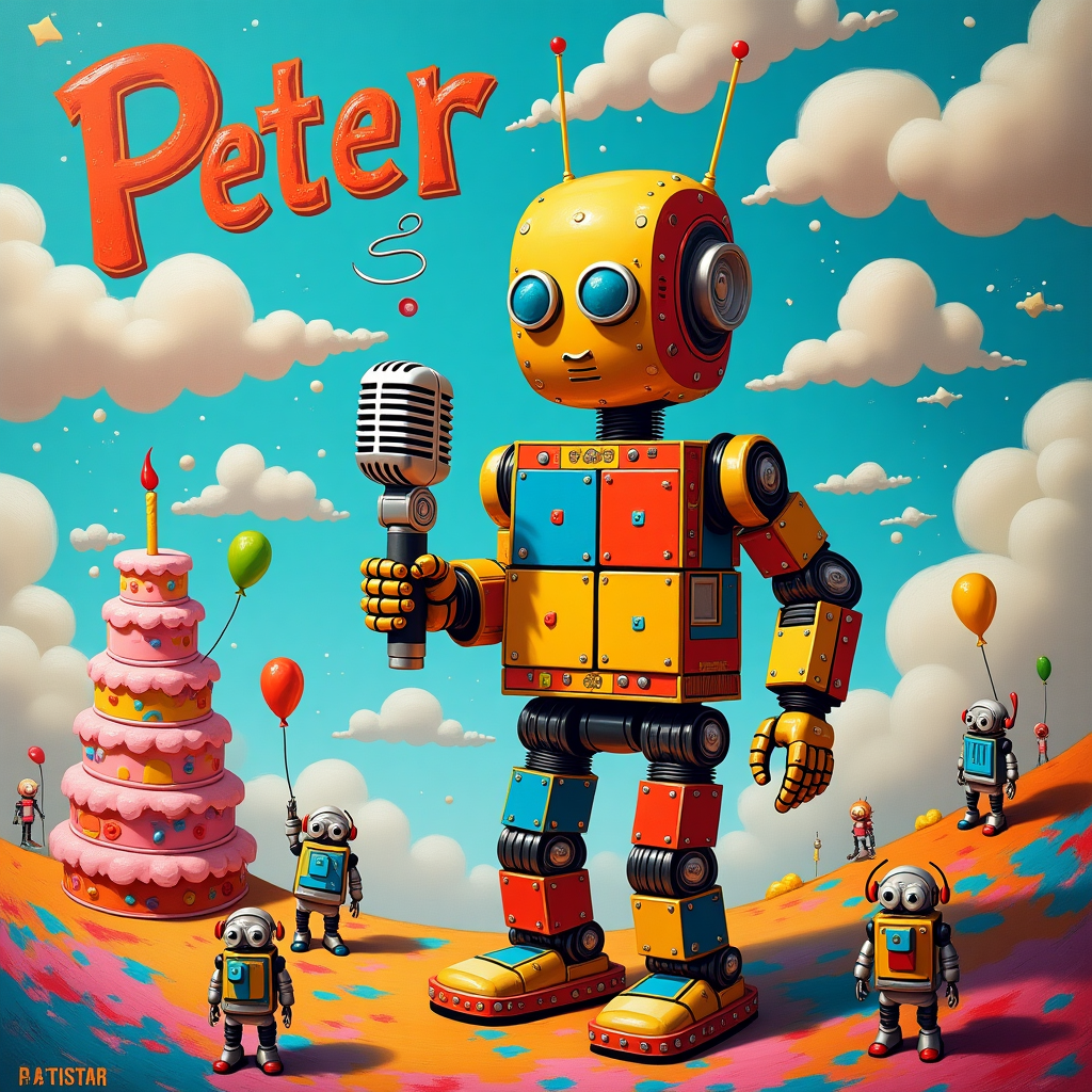 In this vibrantly whimsical scene, a kaleidoscope of geometric shapes and bold splashes of color converge to create a birthday extravaganza like no other. A robot, inspired by Mondrian's love for grid and primary colors, stands center stage with a body made of interlocking squares and rectangles in vibrant reds, blues, and yellows. Its eyes are large, circular orbs reminiscent of Kandinsky's abstract circles, radiating playful energy. This robot clutches a sleek, retro-futuristic microphone—think de Kooning meets Twombly—where erratic lines and scribbles of black and gold spiral around its metallic surface, almost like it's vibrating with the anticipation of a lively birthday song.

Above this mechanical maestro, a surrealist sky echoes Miró's dream-like realms, filled with curvaceous clouds painted in soft pastel hues and whimsical forms, swirling and twisting as if animated. Nestled among these clouds is the name "Peter," skillfully integrated into the sky as if it were part of the landscape itself, each letter sculpted from fluffy cloud material and dusted with stardust.

Below, the ground is a chaotic dance of colors akin to Pollock's famous drip paintings, yet in this scene, it's as if the colors have joined in celebration, splashing joyfully around the robot's feet. A towering abstract cake, echoing Rothko's deep, layered rectangles, sits proudly on one side of the robot, its tiers stacked high and frosted with painterly swathes of pinks and purples, a single bright green candle curving like a Matisse cut-out on top. Scattered across this birthday wonderland, micro-sized robots, each holding tiny colorful balloons, act like party guests joining in the festivities. The entire composition is both an homage to and a reinvention of abstract art, filled with hidden details and surprises waiting to be discovered, perfectly capturing a celebration for "Peter."
Generated with these themes: Robot, and Microphone.
Made with ❤️ by AI.