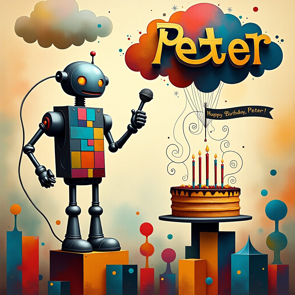 In this abstract birthday scene, a whimsical world unfolds with vibrant splashes of color and geometric intrigue. At the center, a metallic robot, reminiscent of Joan Miró's playful yet angular forms, is standing confidently with one arm raised, clutching a vintage-style microphone in its hand, echoing Kandinsky’s energetic compositions. The robot's body is a patchwork of primary-colored squares and rectangles, a nod to Piet Mondrian's signature style. Behind the robot, a sprawling, swirling backdrop of Pollock-like paint splatters forms a chaotic yet harmonious pattern, creating a dynamic energy that pulses across the card. Suspended in this abstract universe, large, ethereal, cloud-like forms float, made up of soft, blended hues in the style of Rothko, and within these clouds, the name "Peter" emerges. Each letter is an elegant outline filled with rich textures, seamlessly integrating with the cloud's gentle tones. Below the robot, abstract shapes and lines twist and curl like those found in de Kooning's work, leading the eye towards a surreal, floating birthday cake. This cake, balancing on an array of geometric blocks, has delicate candles that stretch upward, their flames swirling into Cy Twombly-esque loops that ascend into the clouds. On one of these spirals, a banner unfurls, declaring "Happy Birthday, Peter!" in a mosaic of Richter-like color patches. This delightful abstract scene blends mechanical charm and celebratory whimsy, drawing the viewer into its lively, imaginative world.
Generated with these themes: Robot, and Microphone.
Made with ❤️ by AI.