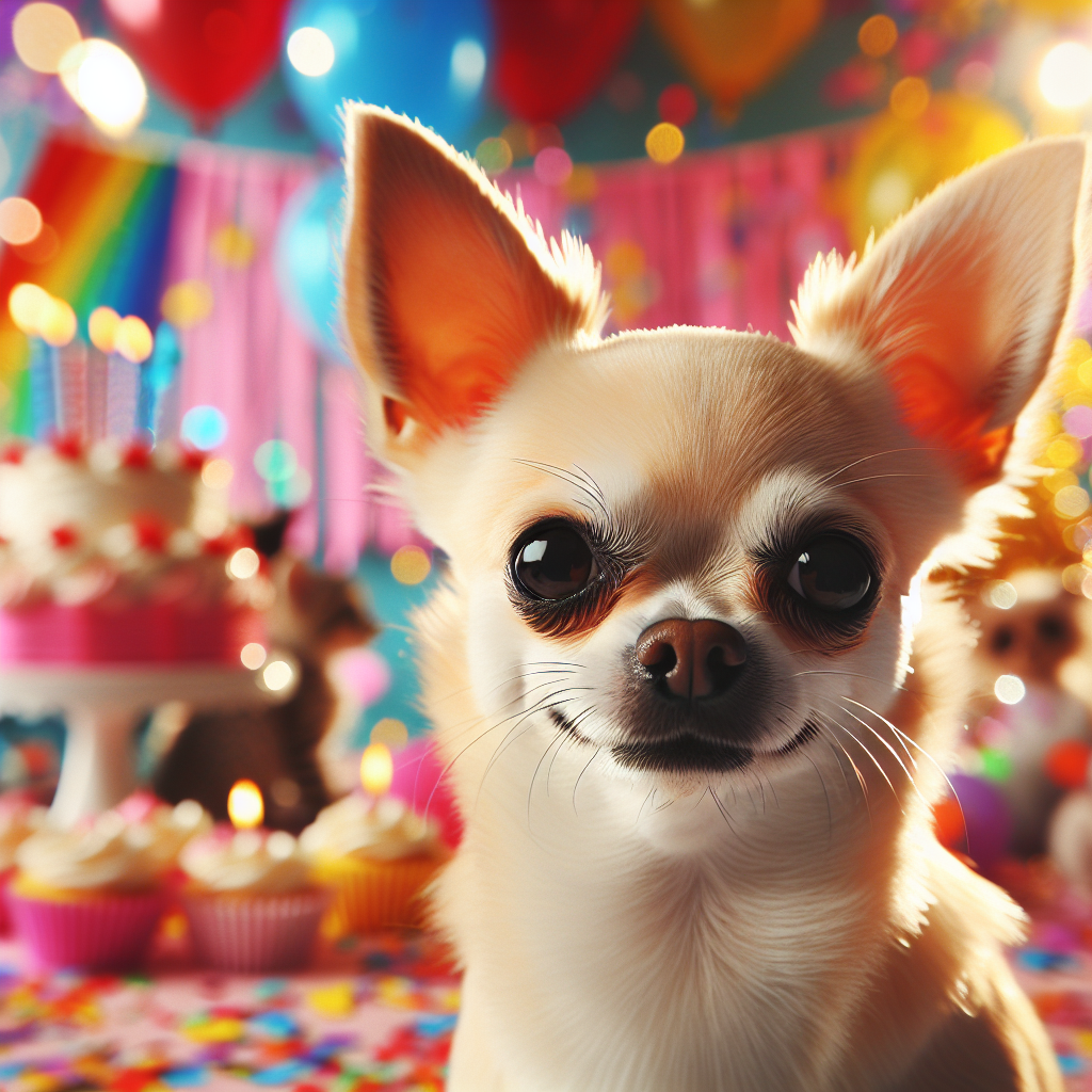 Create a vivid image featuring a typically-built Chihuahua, its coat a soft cream color, and its lively dark brown eyes sparking with anticipation. This petite canine is positioned in the foreground, against a spirited backdrop of a birthday celebration, filled with vibrant decorations - from rainbow-colored streamers to a shower of confetti and a multitude of balloons. The atmosphere hums with cheerfulness and excitement, fitting for a birthday event. In emphasizing the subject, the image should refrain from including any other pets like kittens, ensuring the Chihuahua remains the sole focus of attention.
.
Made with ❤️ by AI.